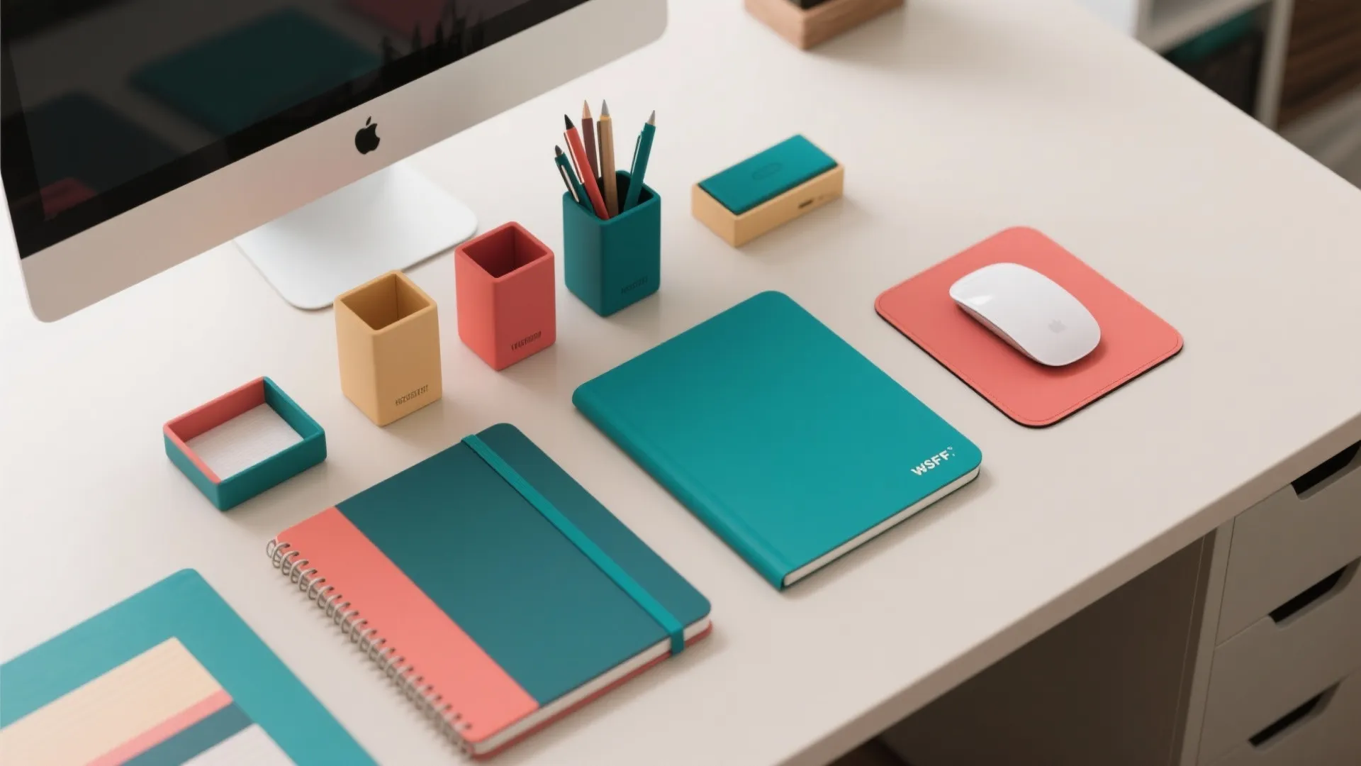 White desk featuring teal and pink notebooks matching pen holders computer mouse and a large monitor