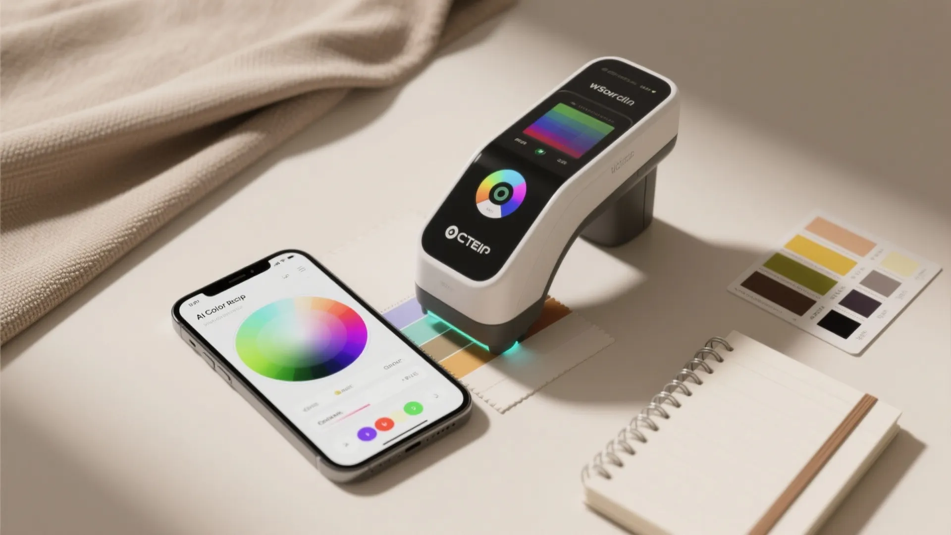 Electronic color matching tool and smartphone app scanning paper samples on a desk with a notebook