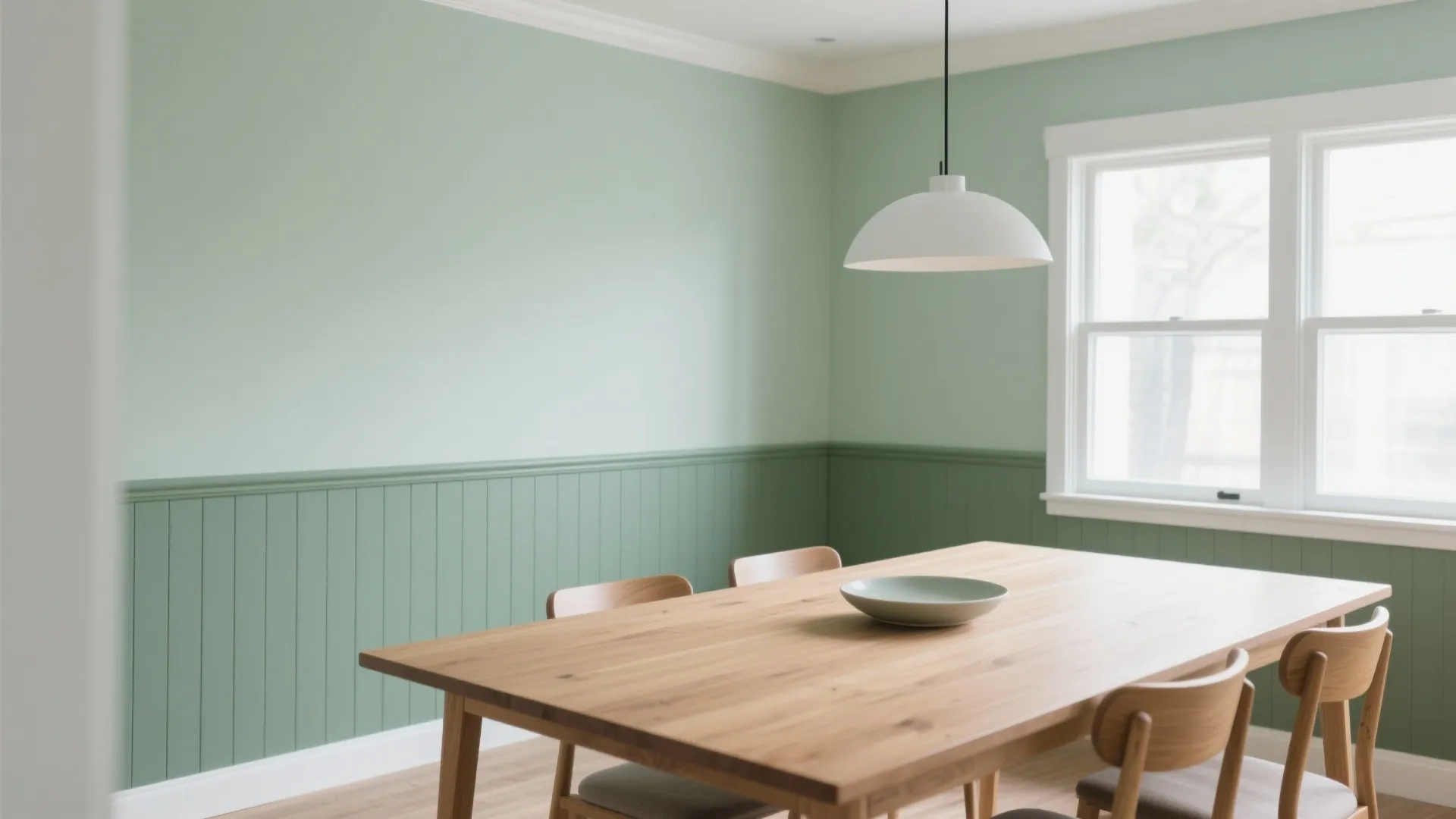 Dining room with sage green walls and matching chair rail