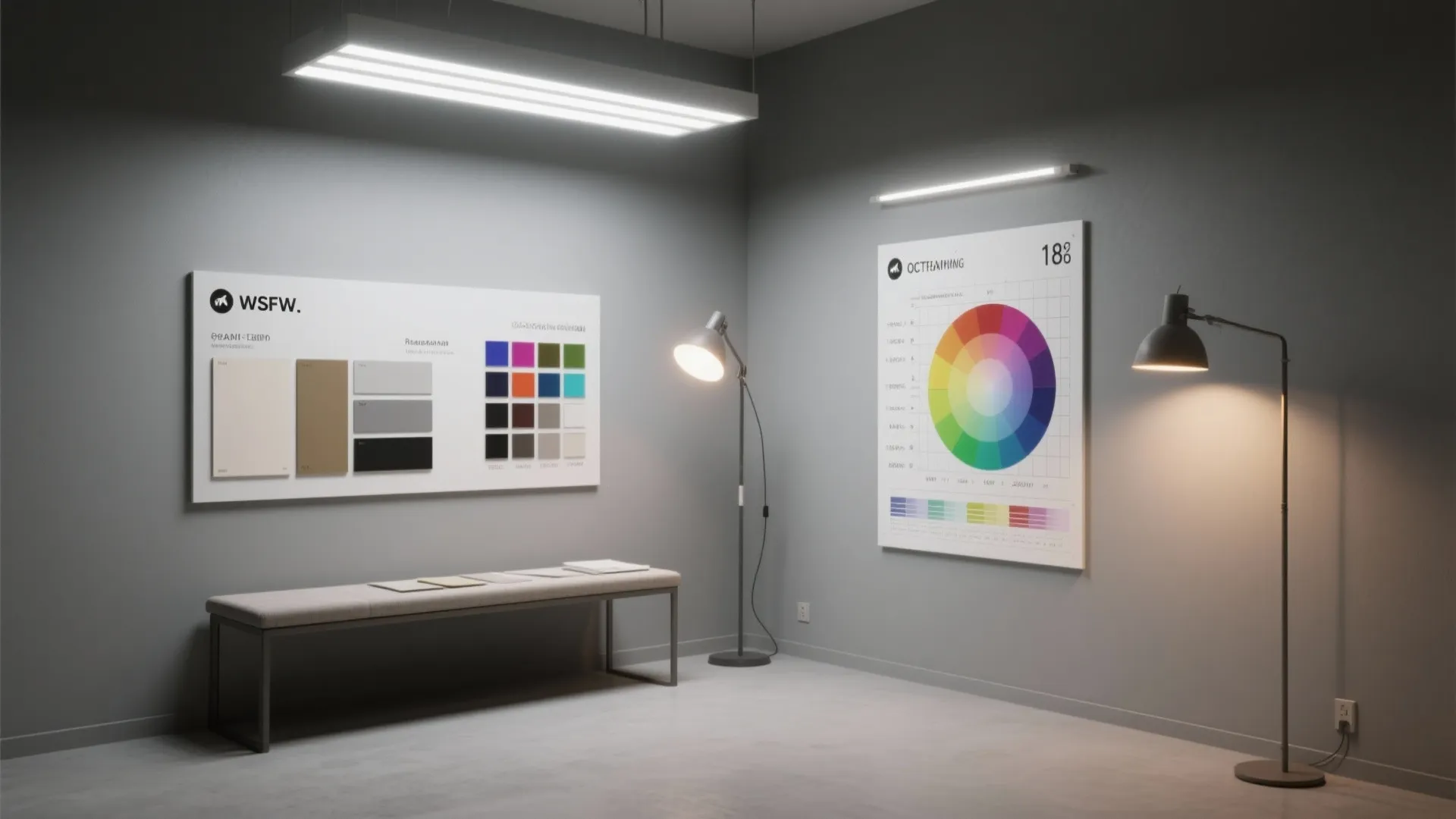 Interior design studio with a color wheel poster, materials board, bench, floor lamps, and lights