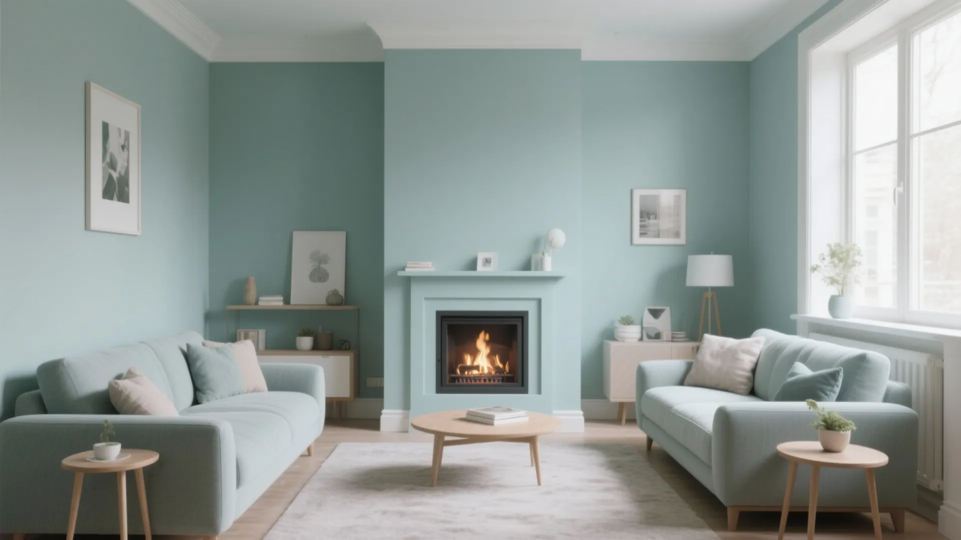 Small living room with cohesive look from color-matched fireplace wall