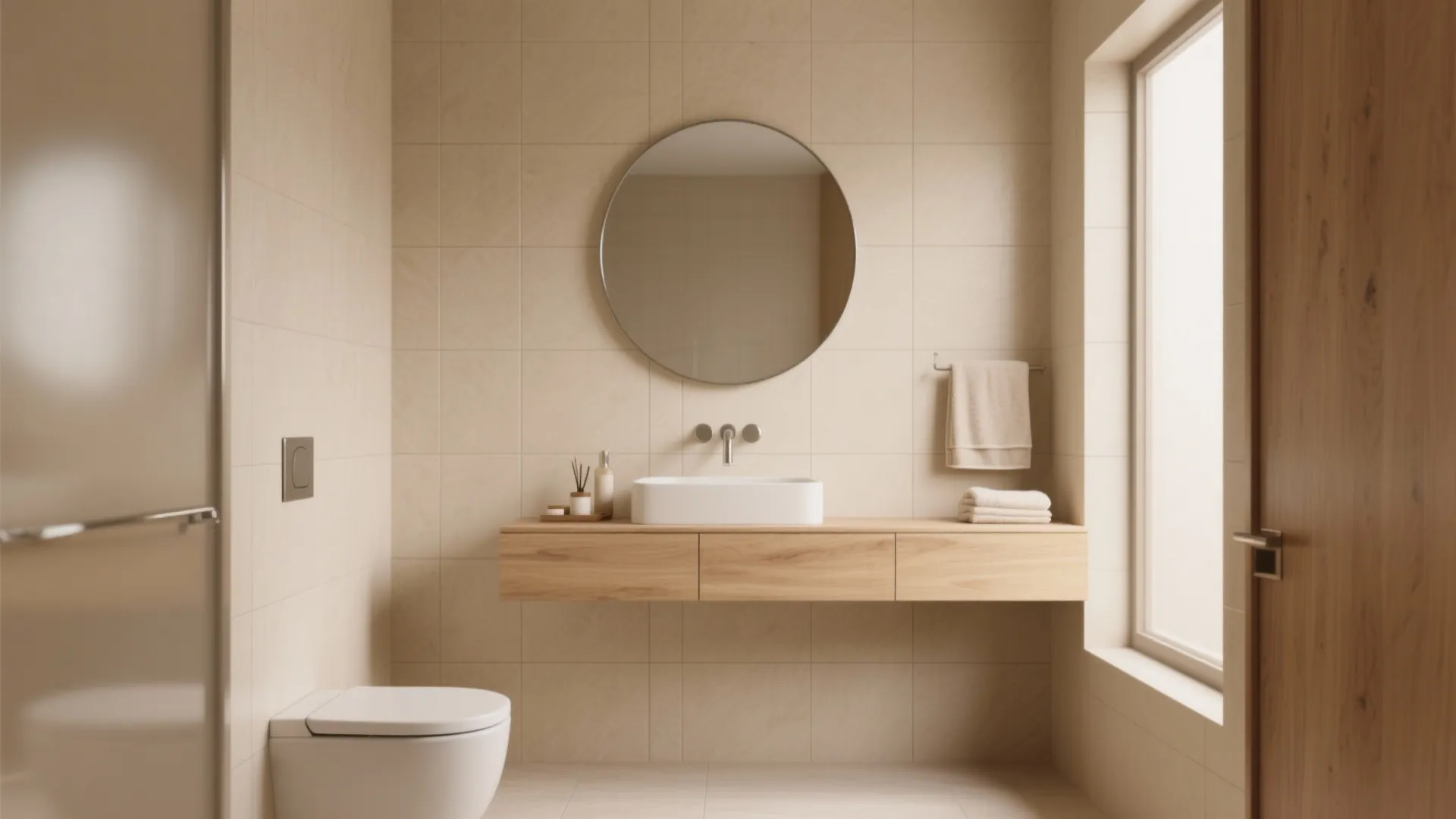 Modern bathroom with round mirror wooden cabinet white sink toilet towel and large bright window