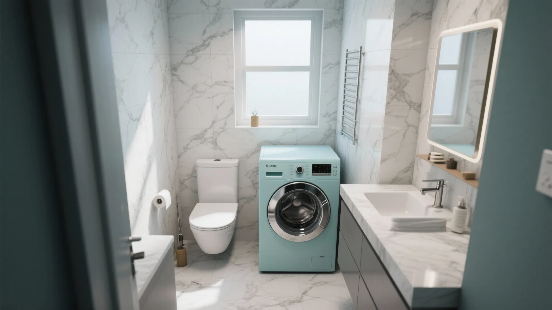 Modern marble bathroom with a blue washing machine placed between a white toilet and vanity