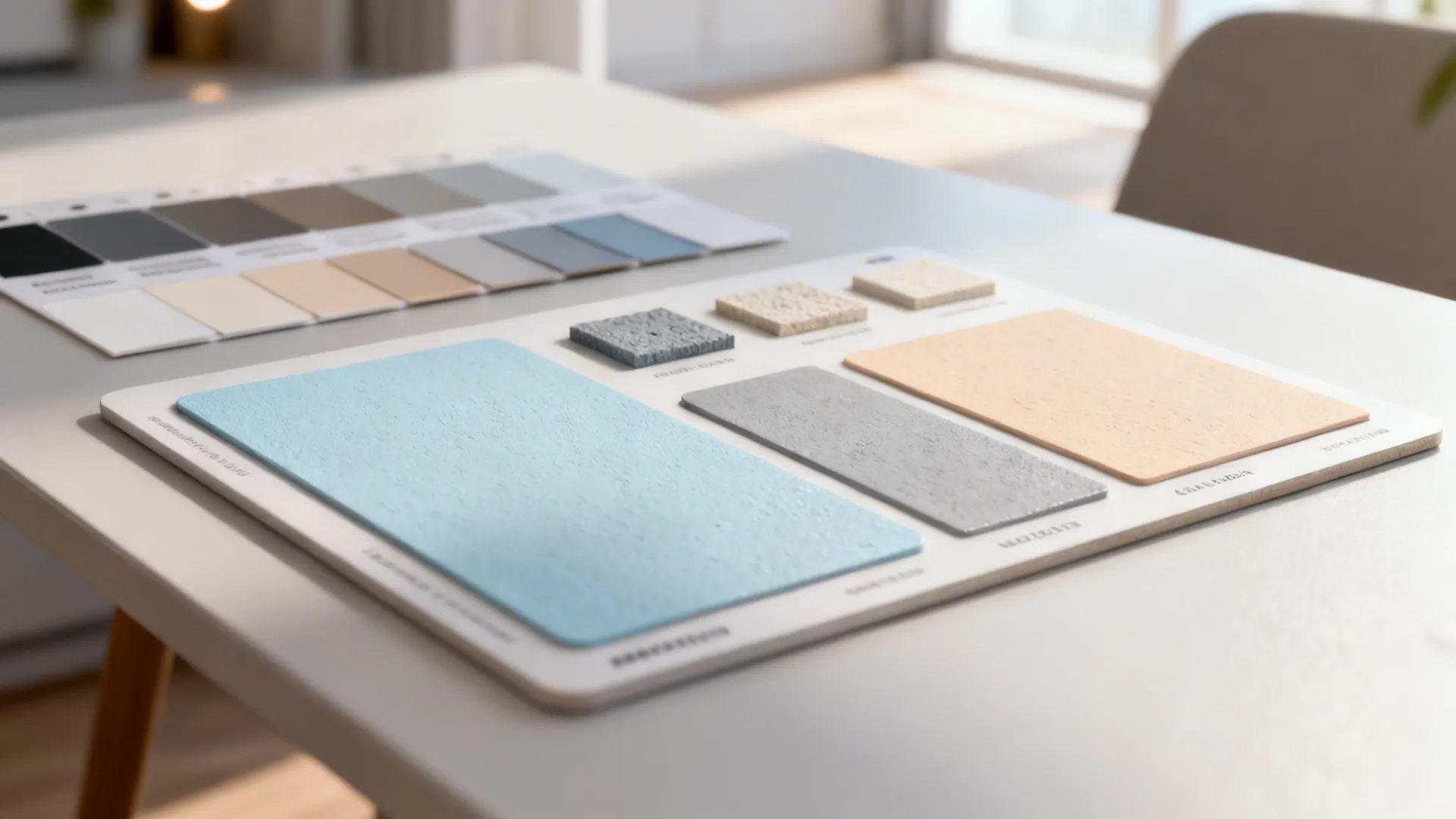 Material and color swatch board with pale blues, soft greys and warm beige samples for small spaces.