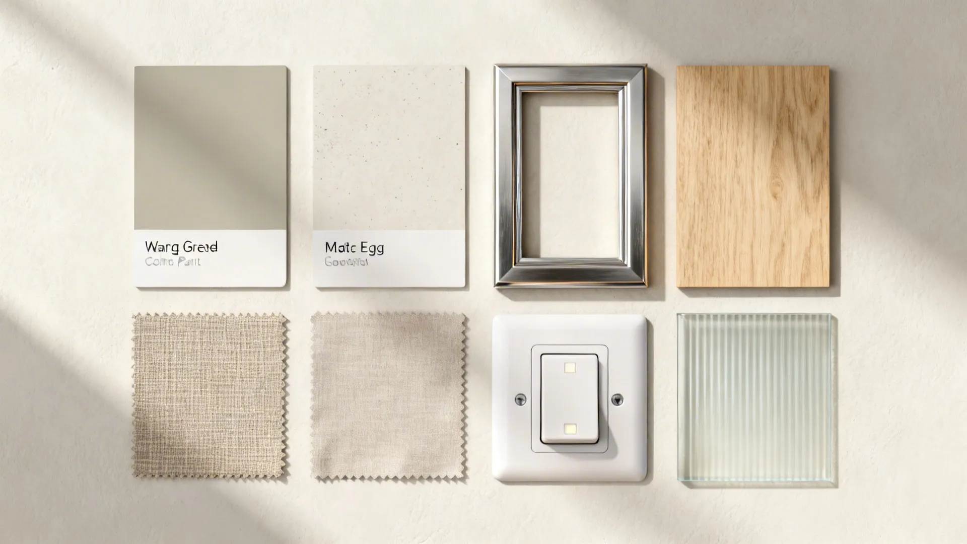 Flat lay of greige paint, oak wood, neutral fabrics, metal frame finish, and LED dimmer.