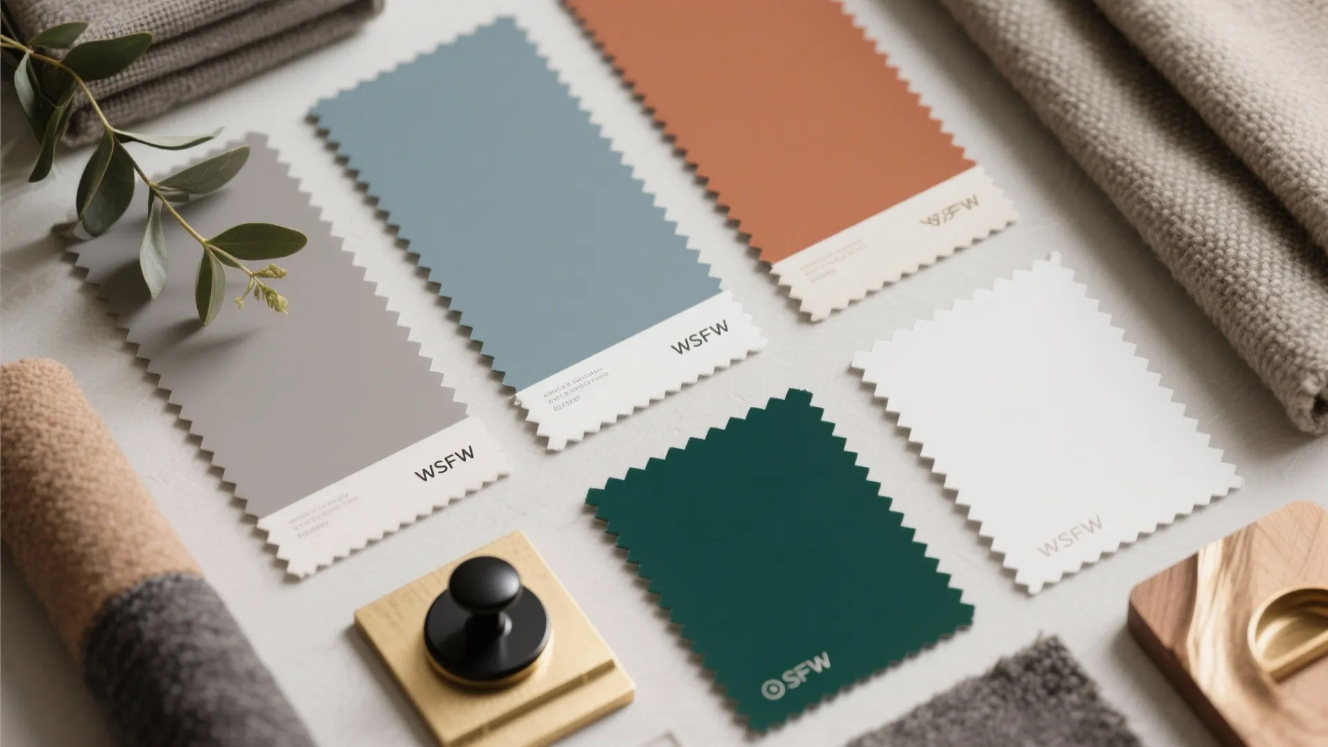 Interior design color swatches with fabric samples wood piece and small plant on white table surface