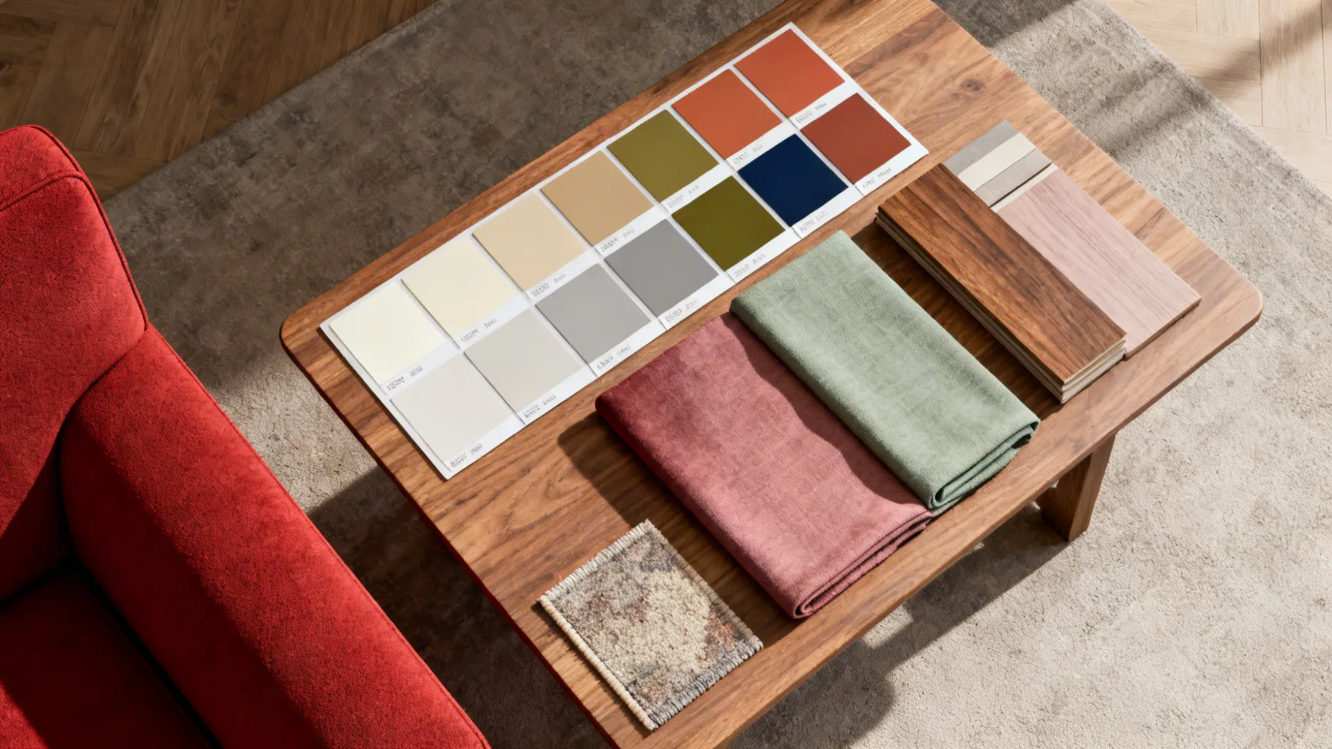 Top-down flatlay of paint chips, fabric swatches, and wood samples for pairing with a red sofa.
