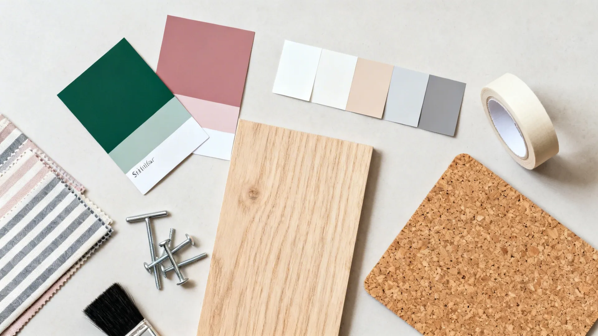 Flat lay of forest green and dusty rose swatches with neutrals, oak veneer, striped fabrics, cork tile.
