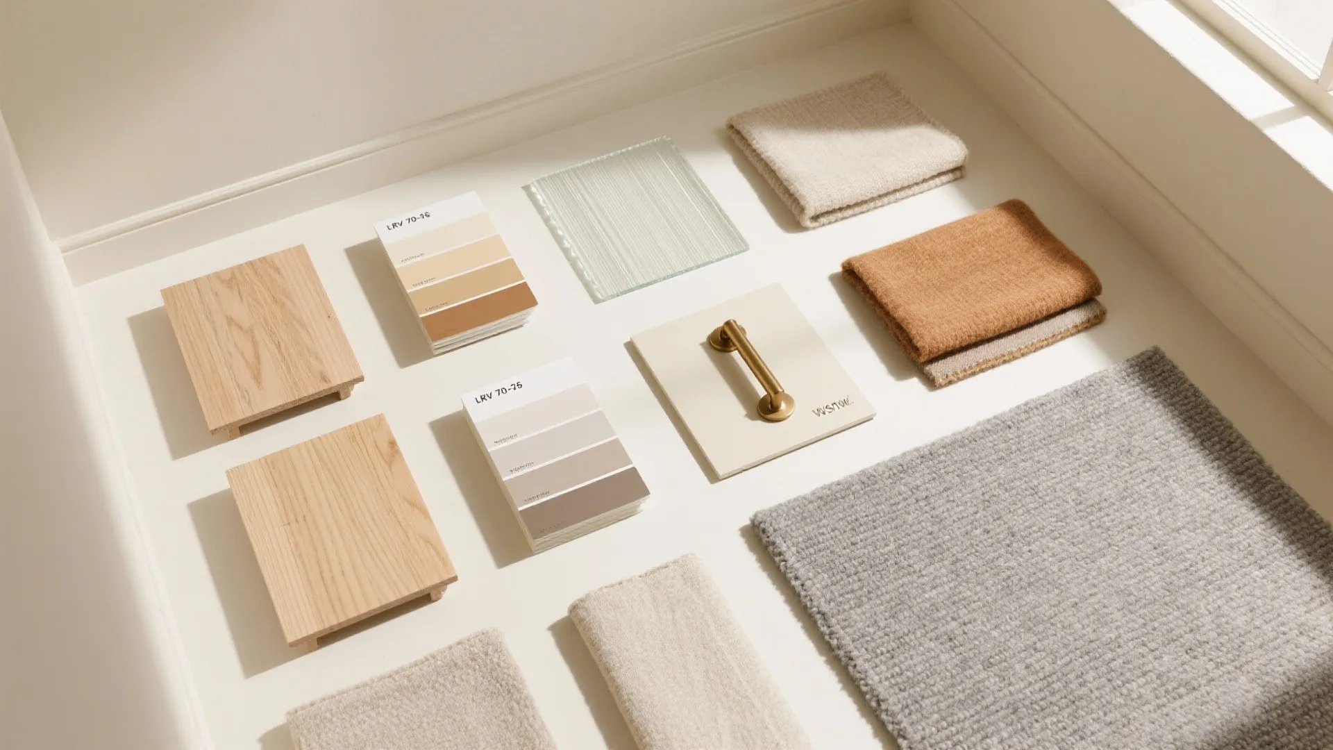 5) Color and materials: high-LRV paint with warm wood texture