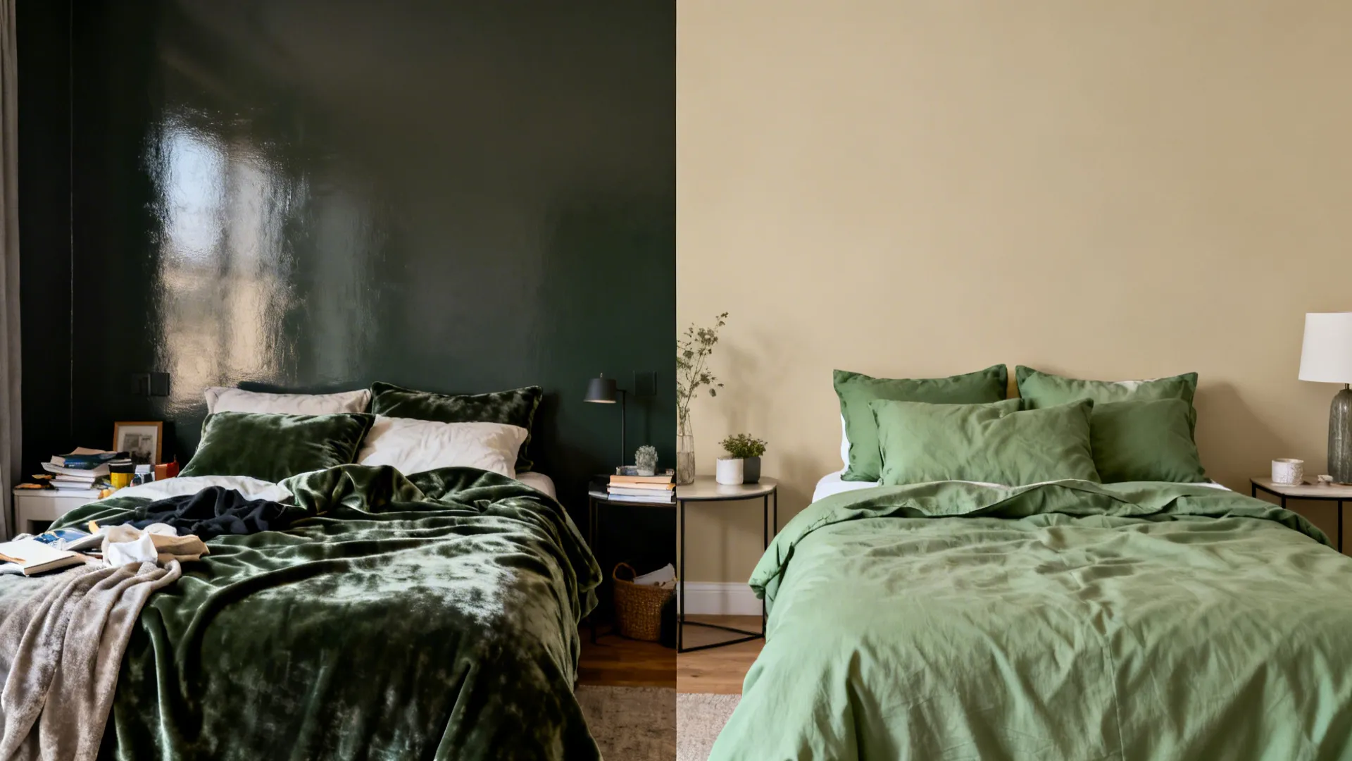 Split view showing a gloomy glossy room before and a calm clay-beige, breathable-textile room after.
