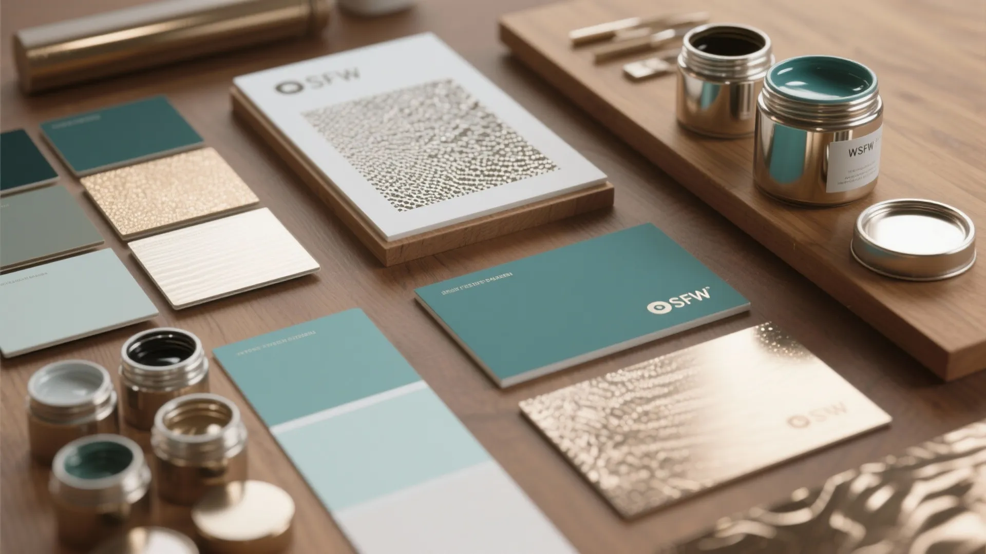 Collection of paint swatches and metal samples with small jars on a wooden table surface