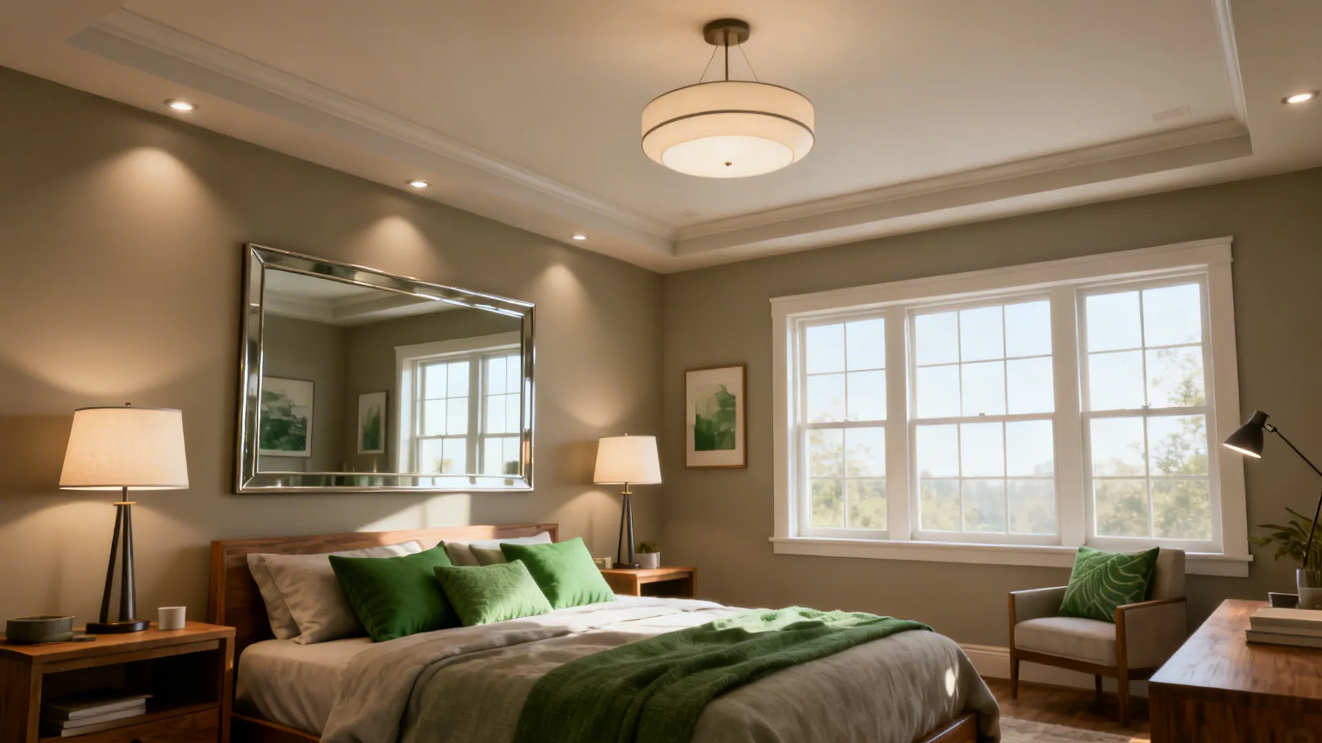 Greige walls, large mirror, and layered lighting make a small living room feel larger.