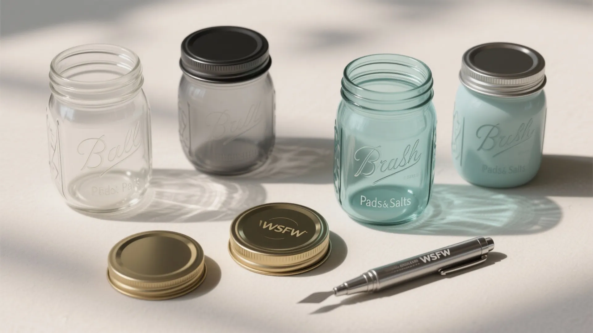 Four colorful glass jars with metal lids and a silver pen on a plain white surface