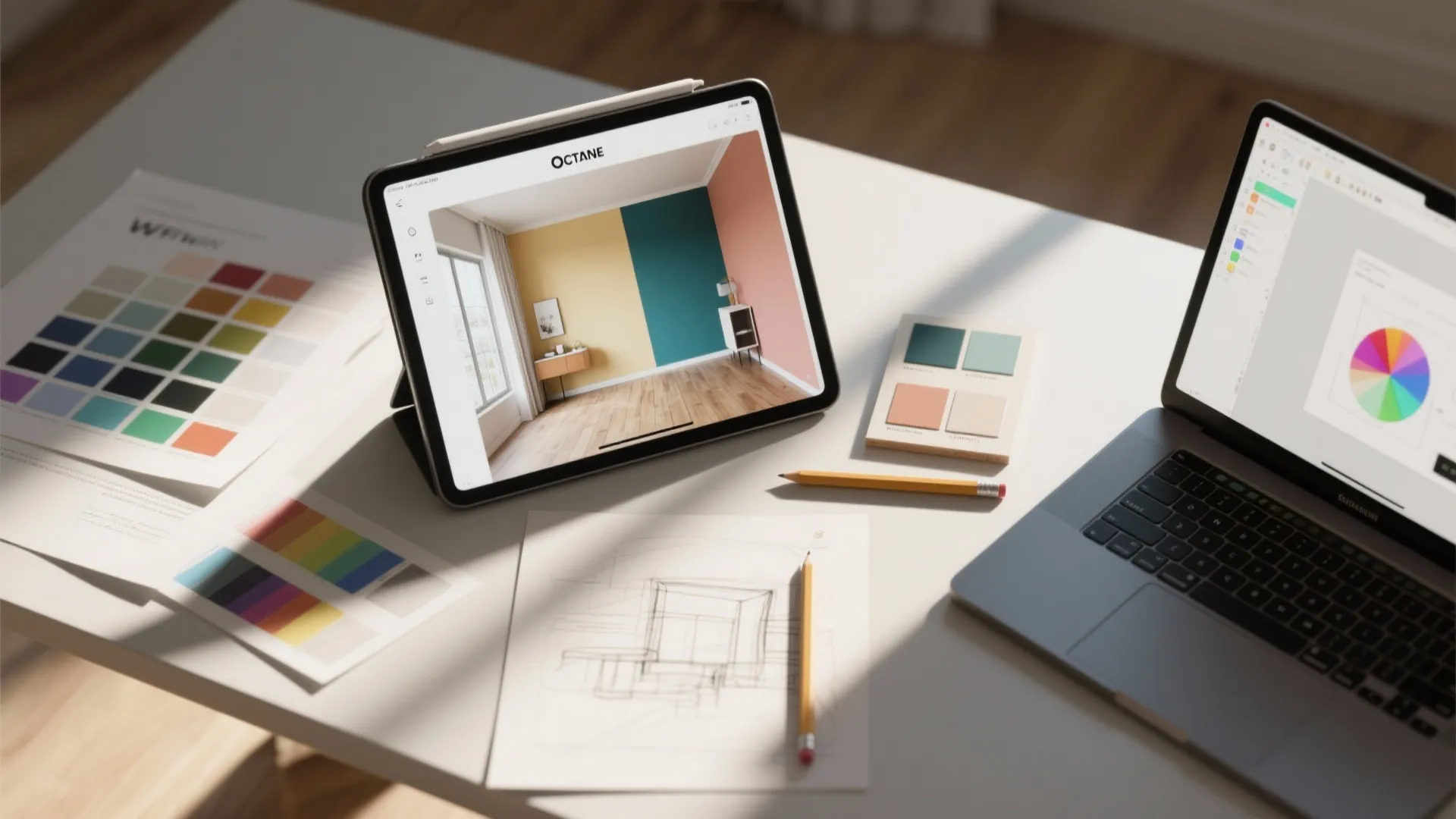 Interior design drawing on tablet with color palettes laptop and pencil on white desk surface