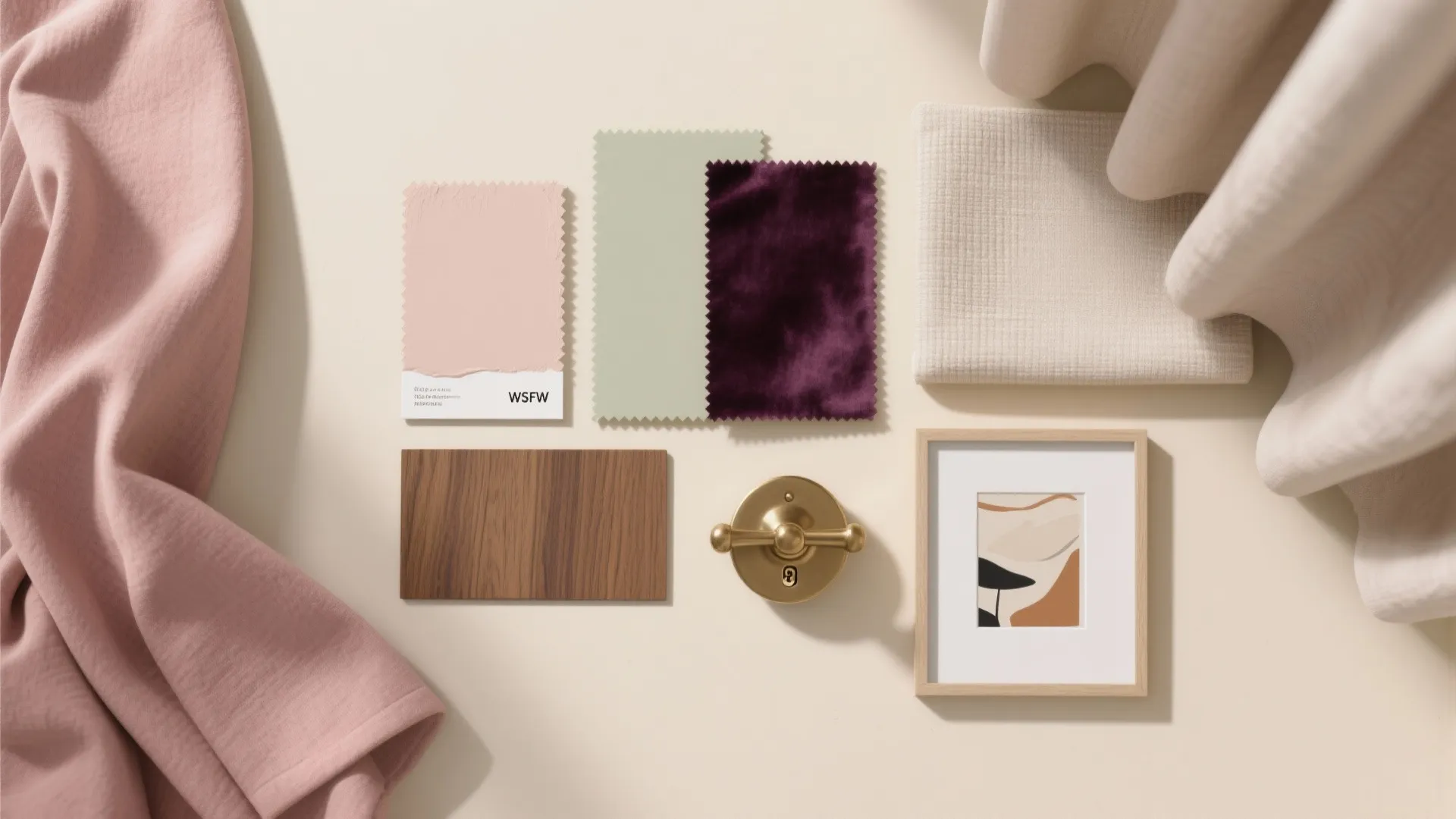 Interior design moodboard featuring pink fabric green fabric purple velvet wood sample brass handle art