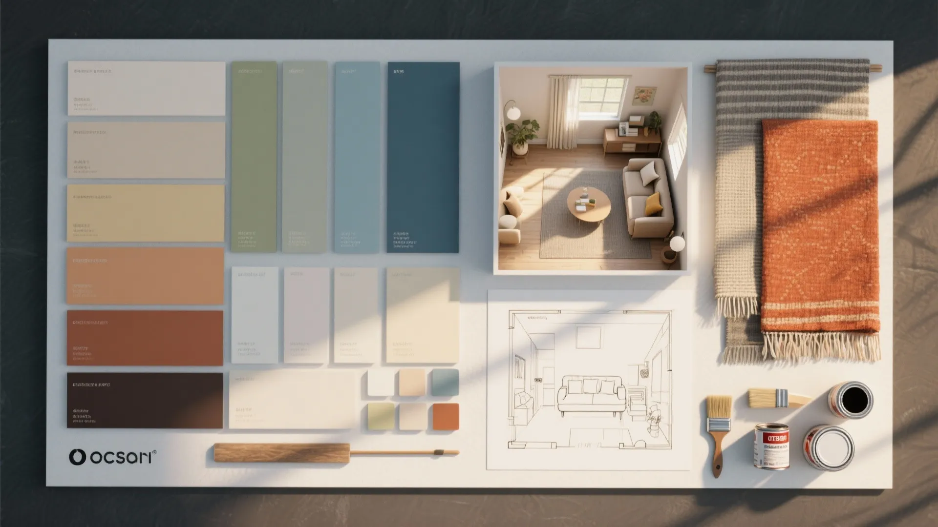 Interior design mood board with various color swatches, small room model, sketch, fabric, and paint