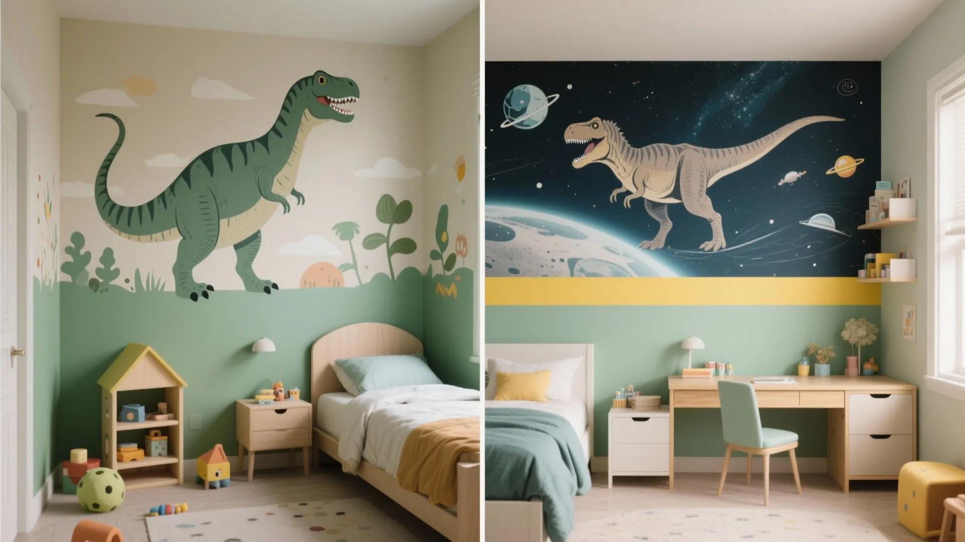 Side by side comparison showing different dinosaur wall art designs in a small kids bedroom