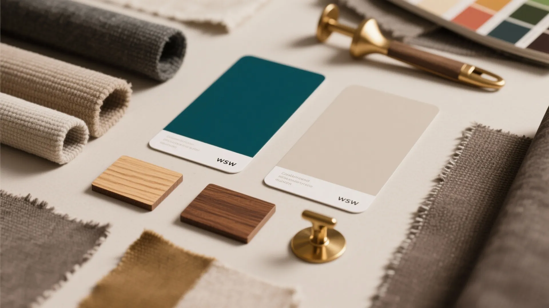 Interior design materials palette showing fabric samples wood swatches color cards and golden metal hardware