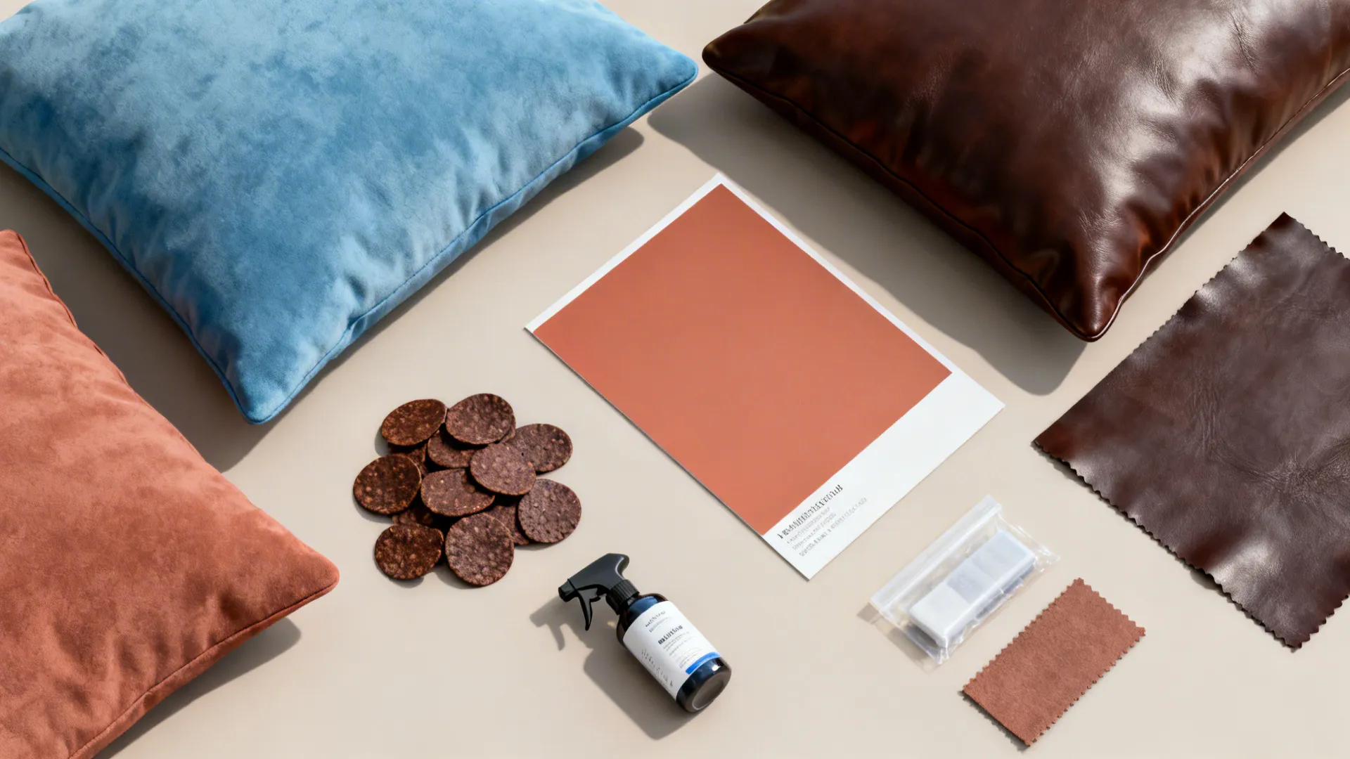 Flatlay of color chips and leather swatches showing blue, terracotta, and chocolate brown pairings