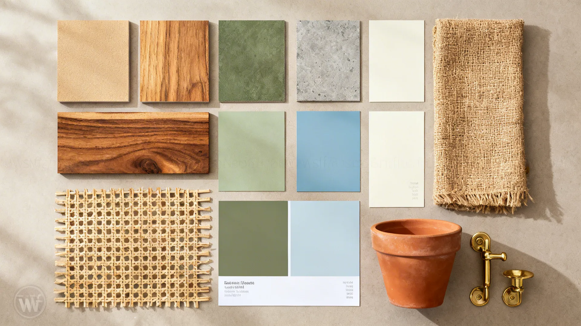 Flatlay of neutral, green, and soft blue swatches with teak, cane, jute, terracotta, and brass accents.