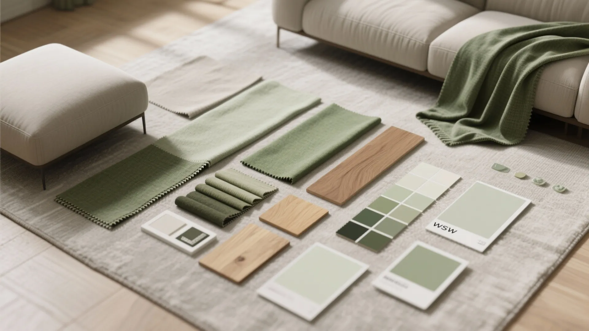 Interior design color palette with green fabric samples wood pieces and paint swatches on rug
