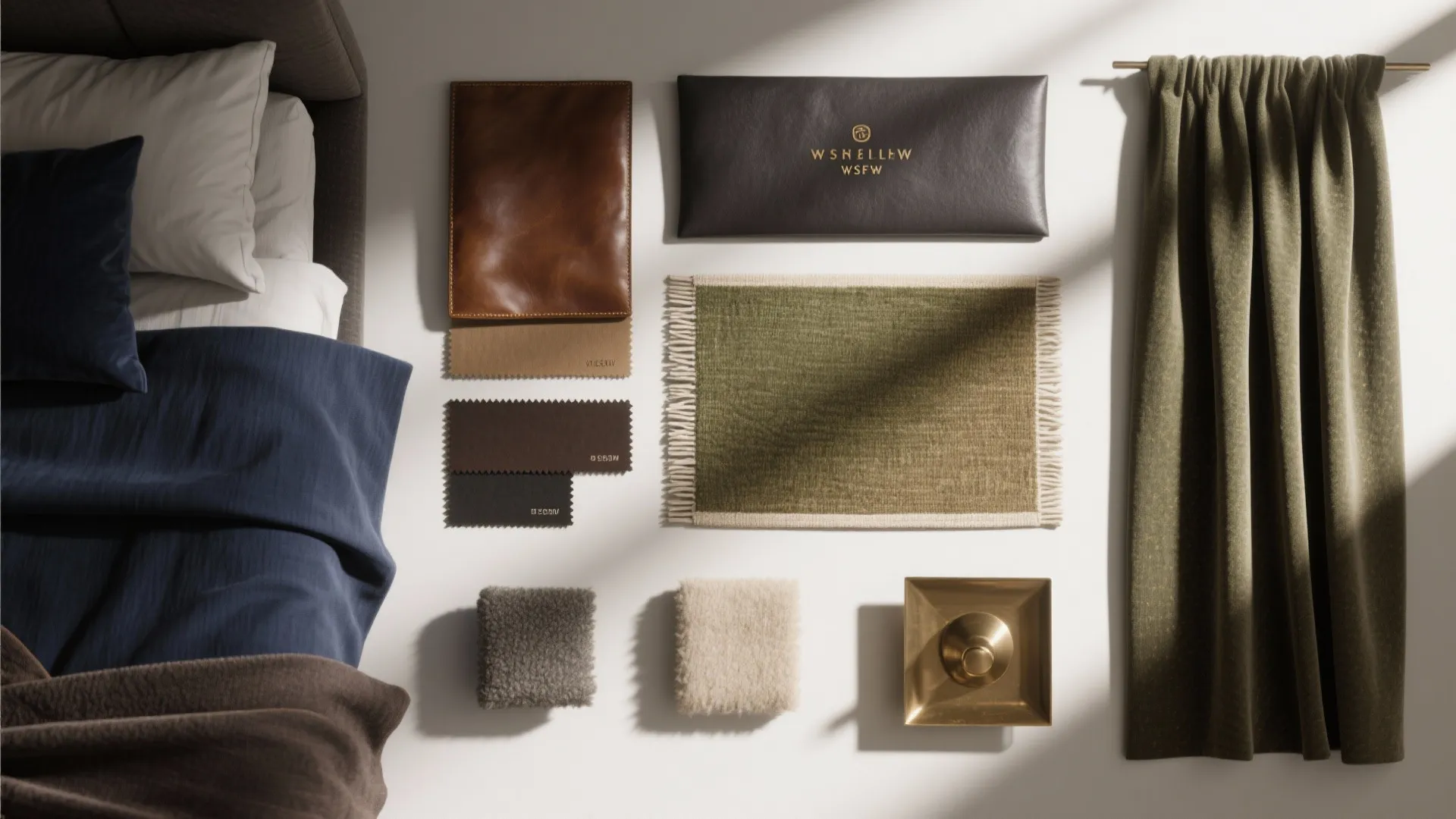 Interior design material board with green fabric samples, leather swatches, gold tray, and blue bedding