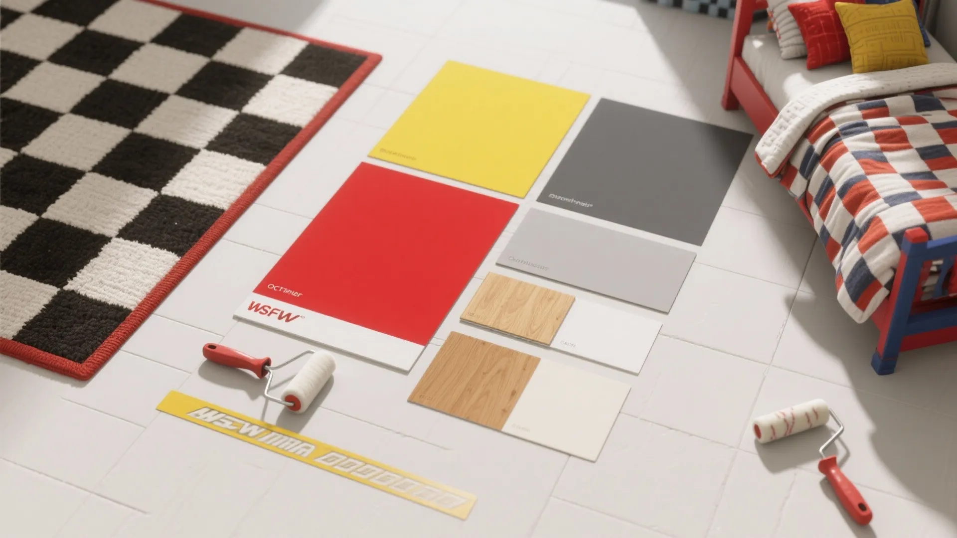 Top-down flatlay of red, yellow, gray and wood color swatches and fabric samples for a kids room.