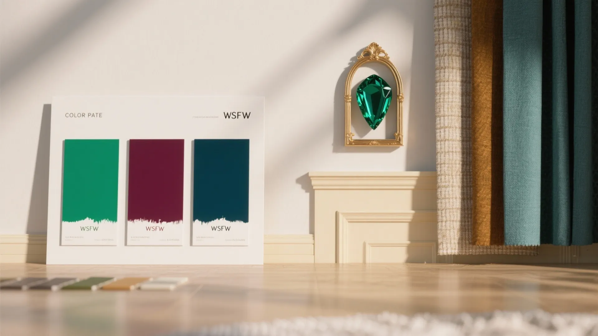Three paint color samples on white board placed against a wall panel with colorful window curtains