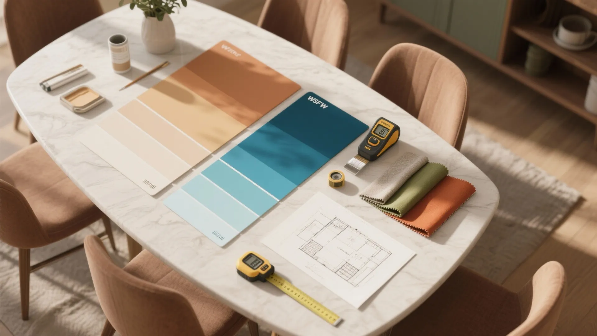 Top-down flatlay of paint swatches, fabric samples, a light meter and a small dining floorplan for color testing.