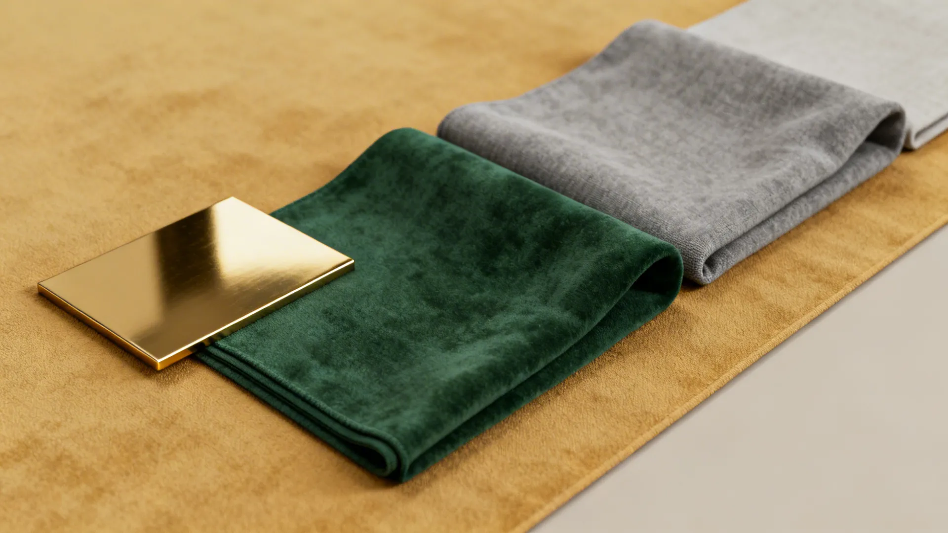 Color palette and material samples featuring warm neutrals, muted ochre, deep green, and soft grey.