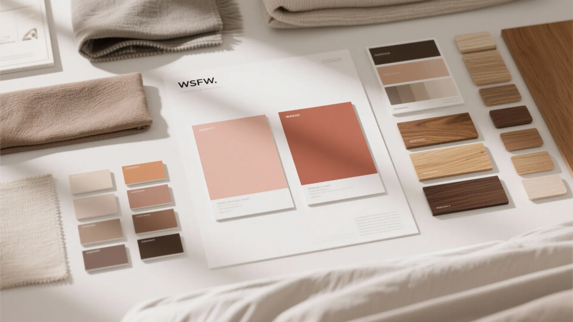 Interior design mood board with pink color swatches, wooden material samples, and soft fabric pieces