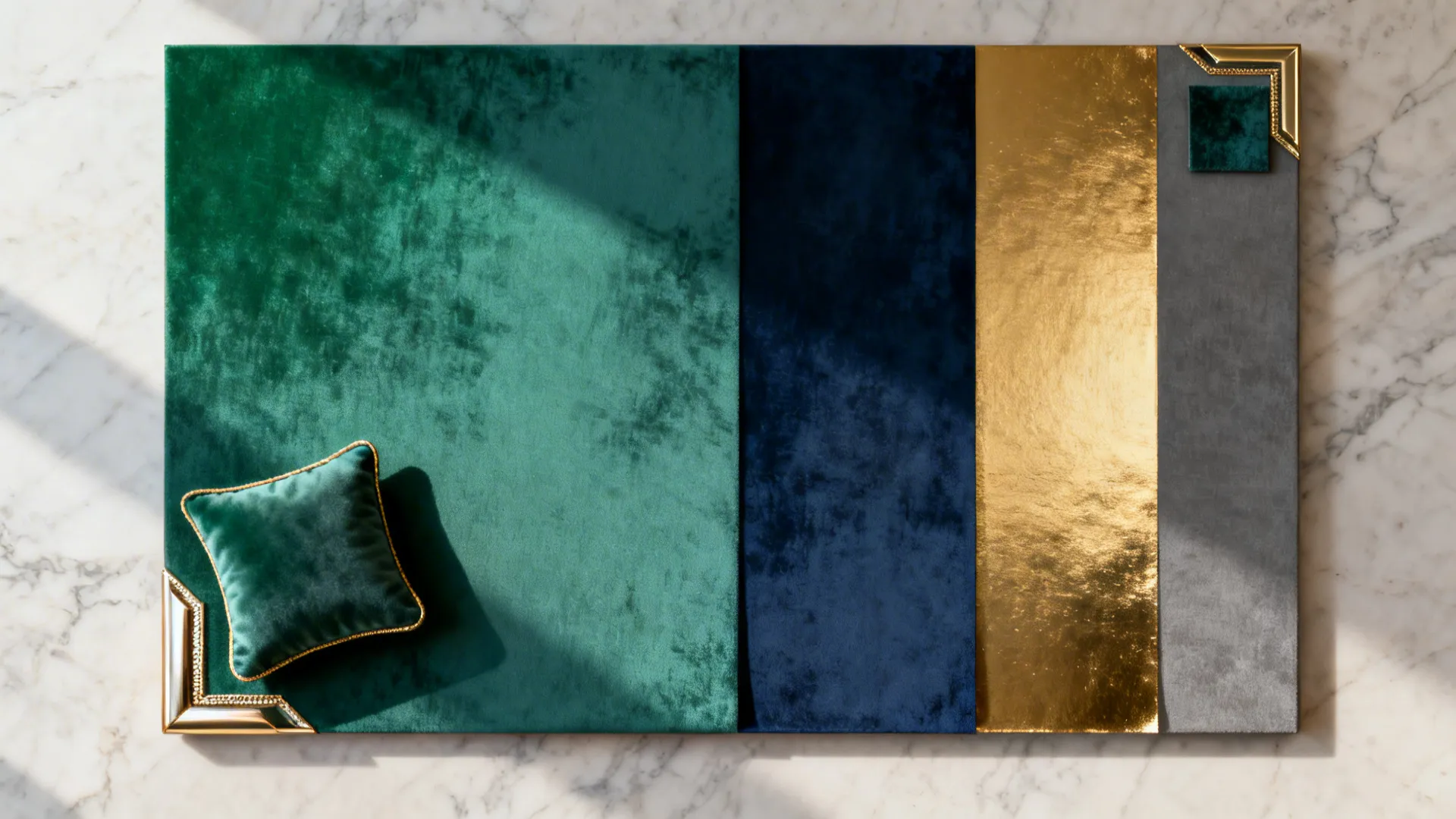 Color palette board with emerald, teal, navy, warm grey and gold samples for Art Deco interiors.