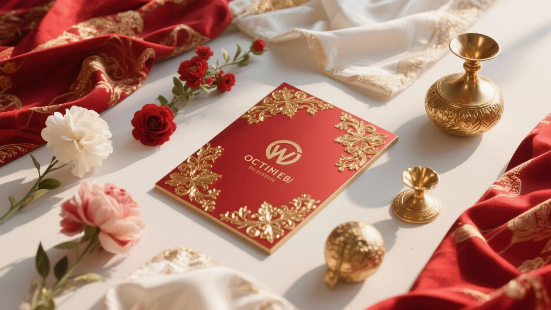 Red, gold, and white decor materials arranged together
