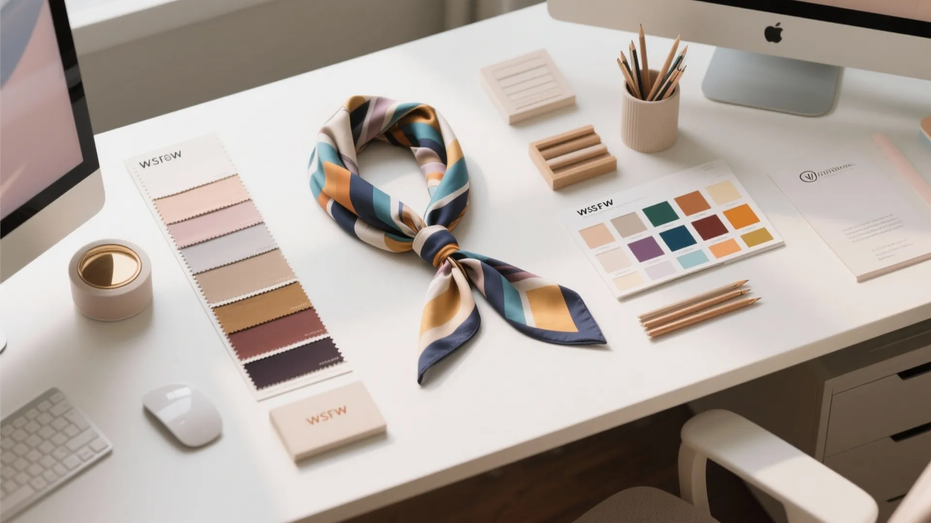 White desk featuring colorful scarf color swatches computer pencils and small wooden accessories for creative work