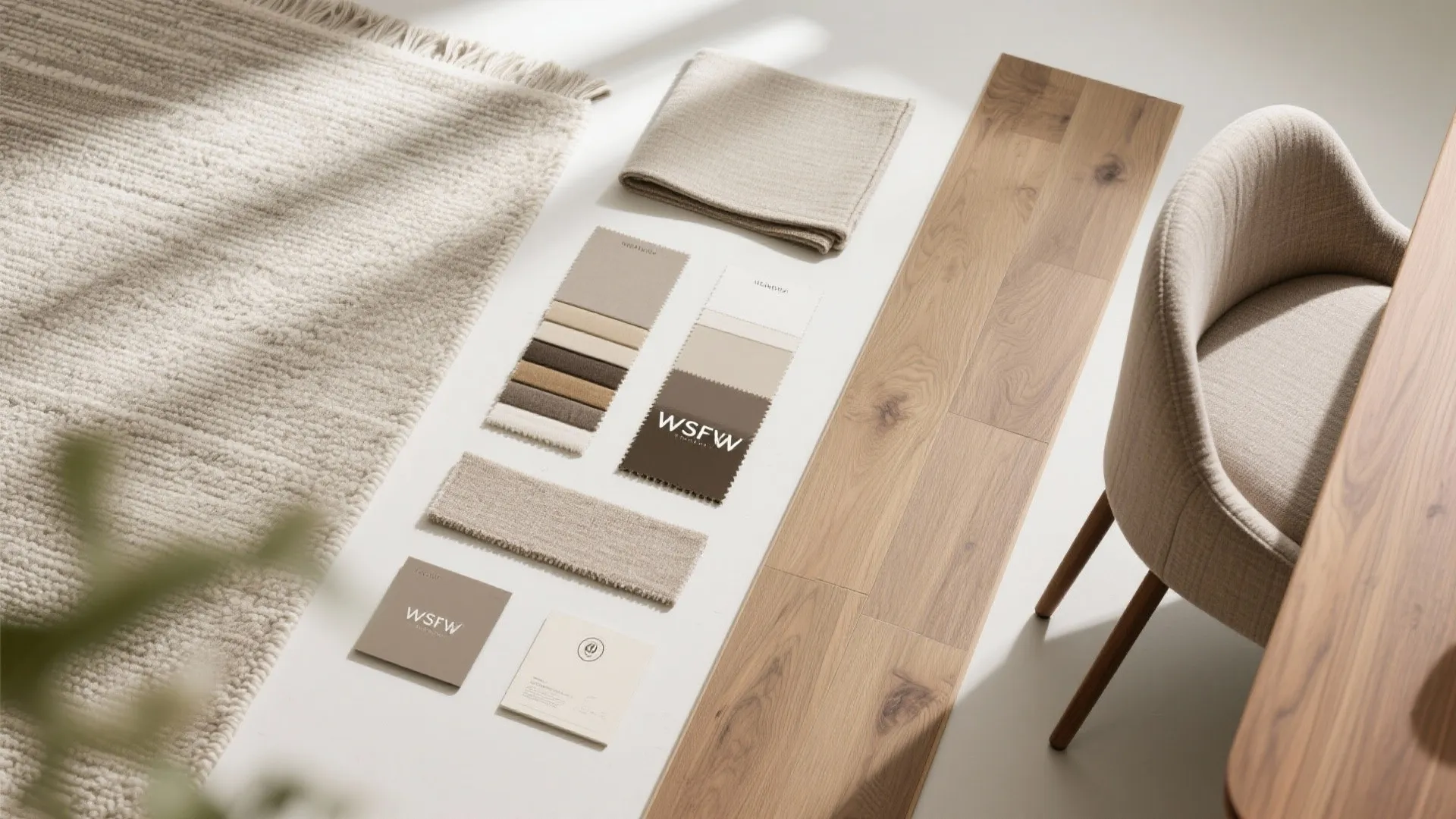 Interior design mood board with fabric samples wood flooring swatches a rug and beige chair