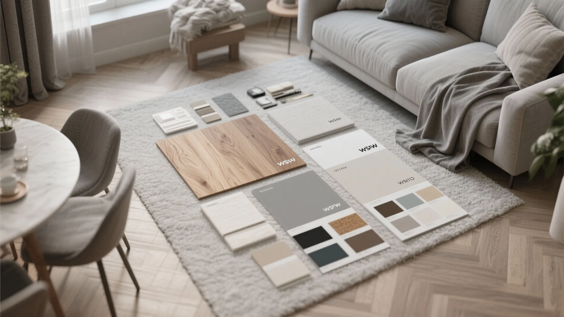 Material swatches with grey tones and oak wood for cohesive space