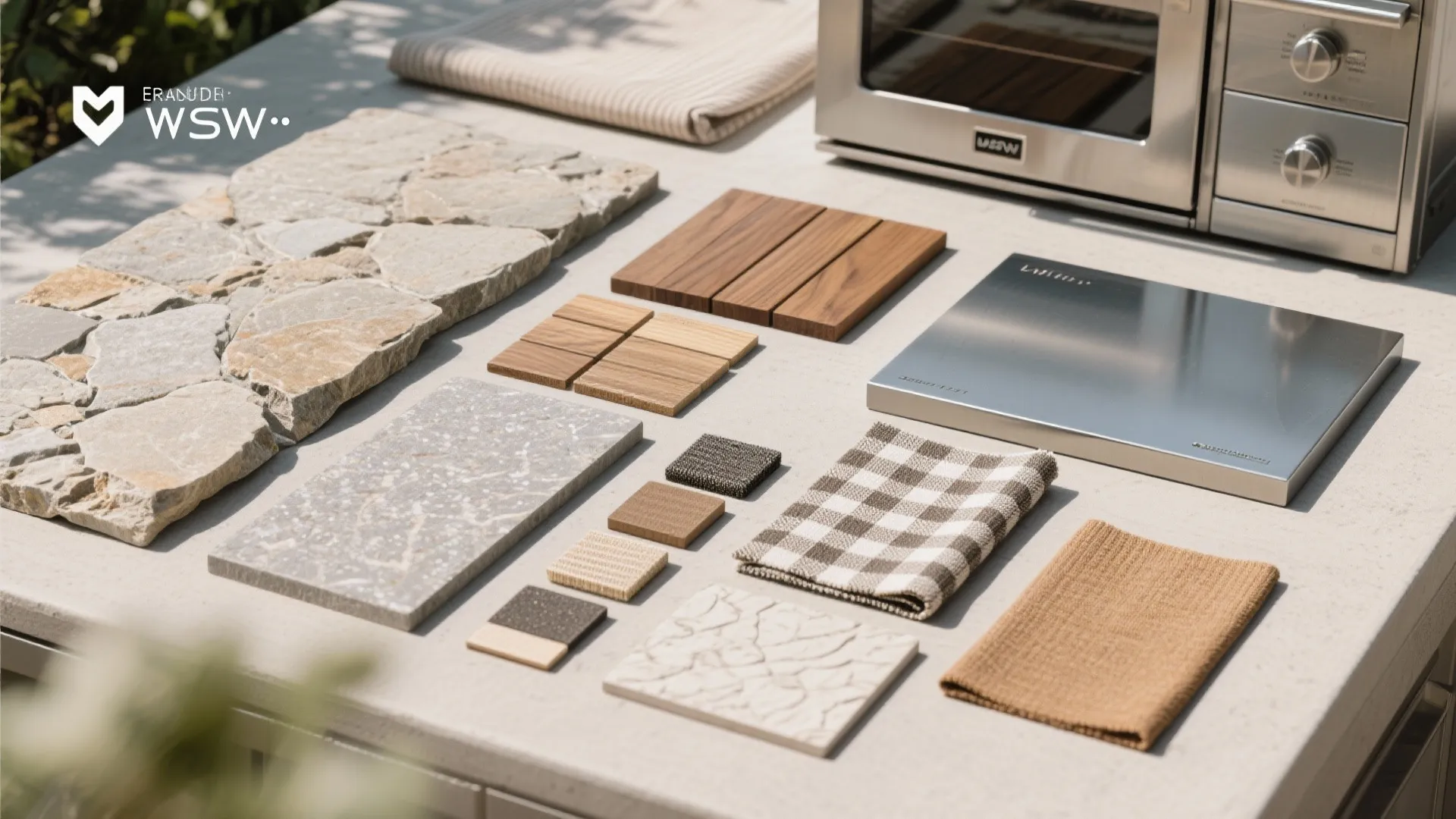 Flat lay of stone, wood, and fabric swatches for outdoor kitchen