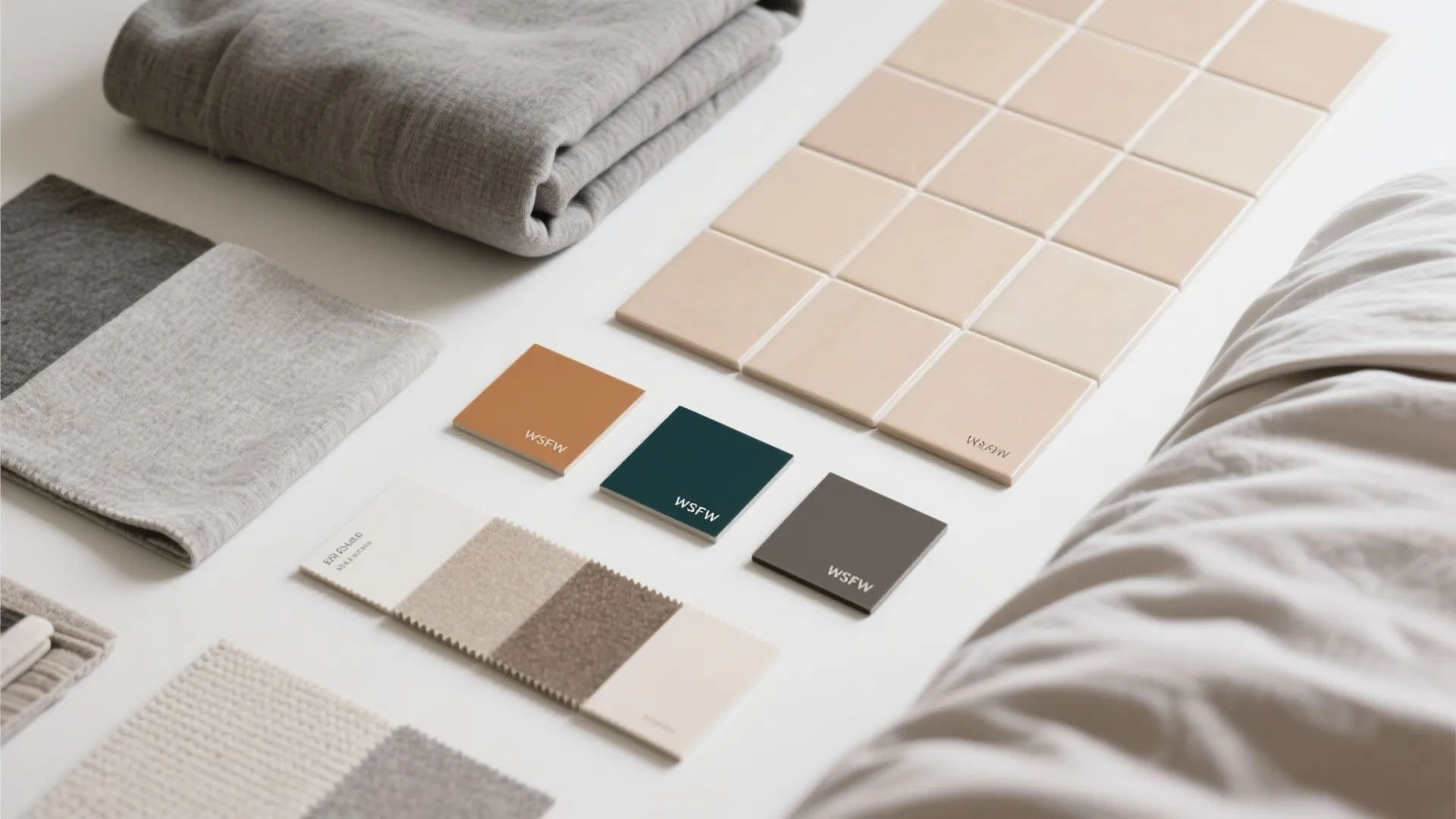 Flatlay of coordinated bedroom and bathroom color palette with soft greys and warm beige fabrics and tiles