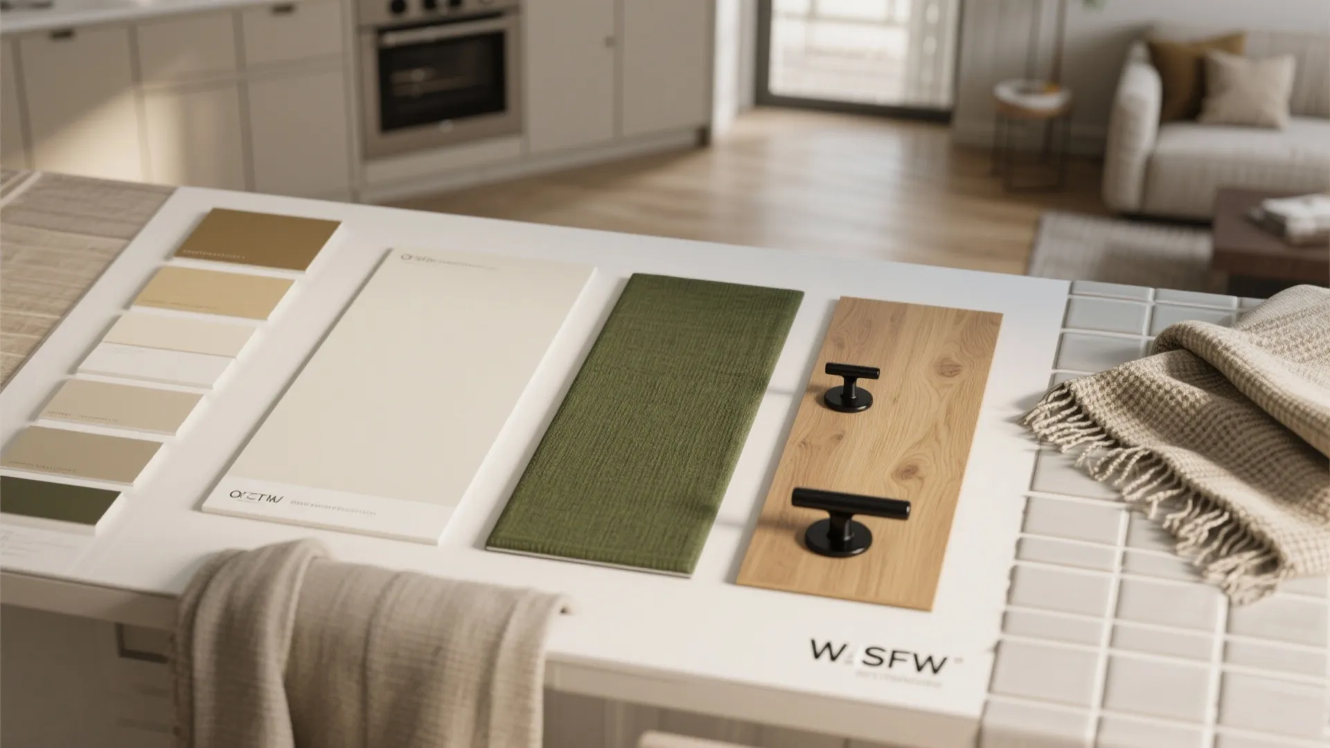 Material flatlay showing neutral base, mid-tone cabinetry and deep green accent swatches for a unified open-plan space.