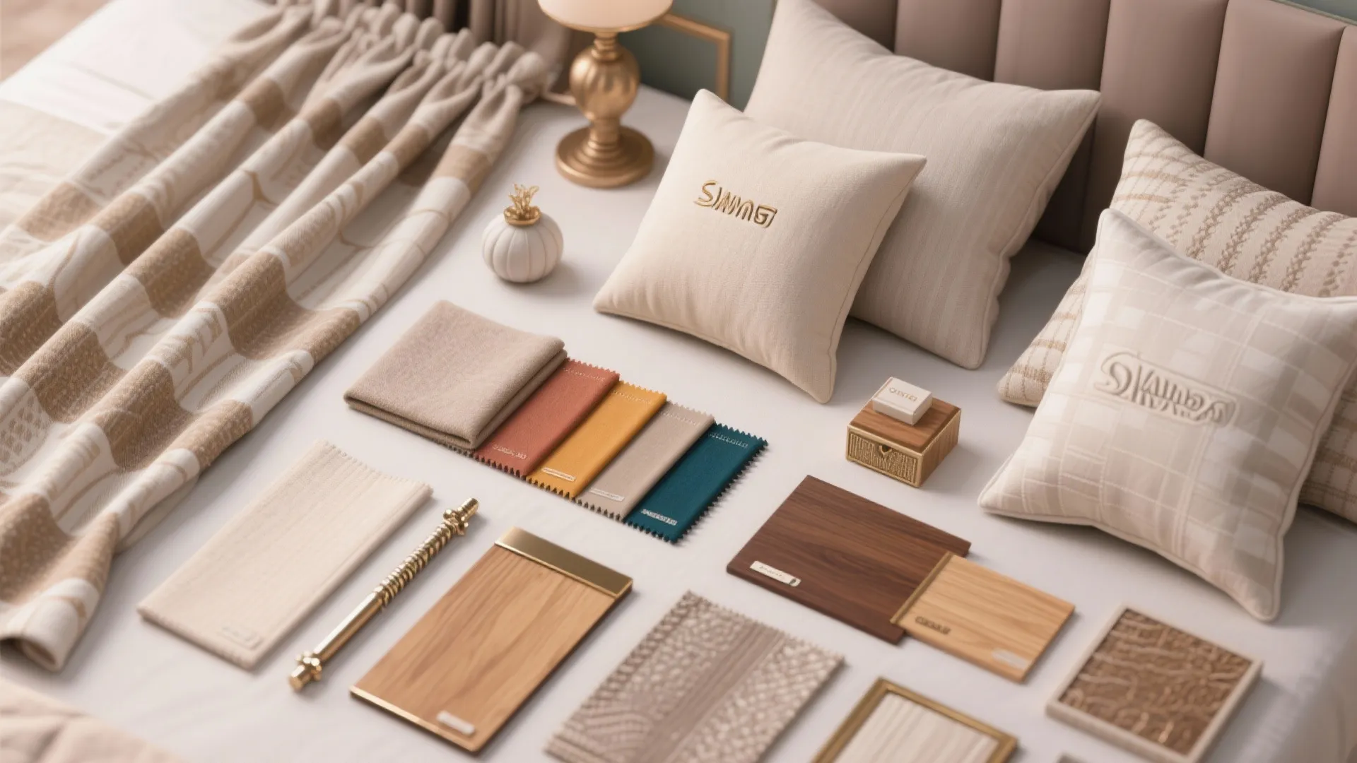 Flatlay of fabric swatches and decor accents showing a curated palette for a small bedroom.