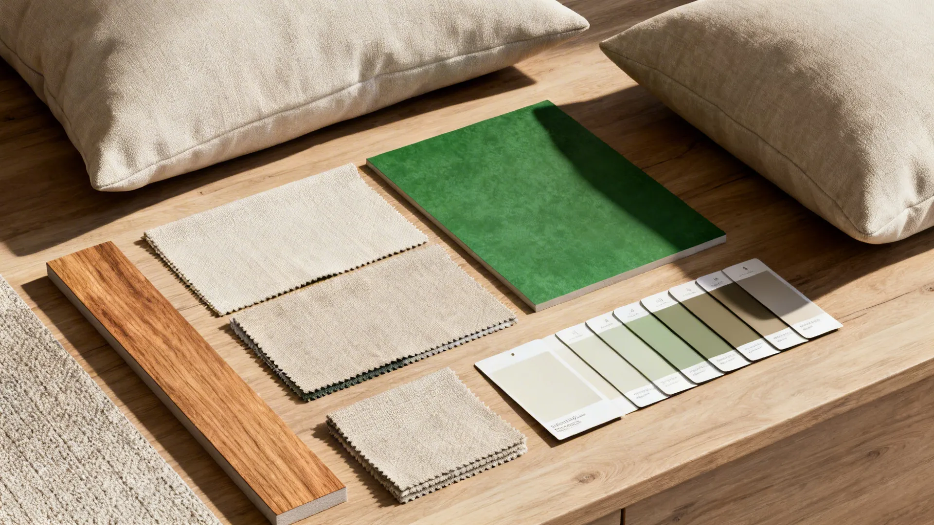Flatlay of neutral and green color swatches, wood samples and fabric for a unified open-plan palette.