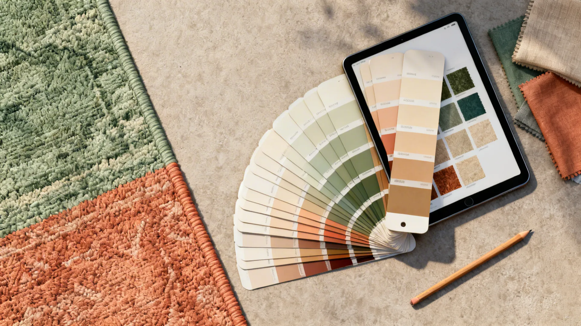 Flatlay of a rug photo, paint swatches, fabric samples and a tablet showing extracted color chips.