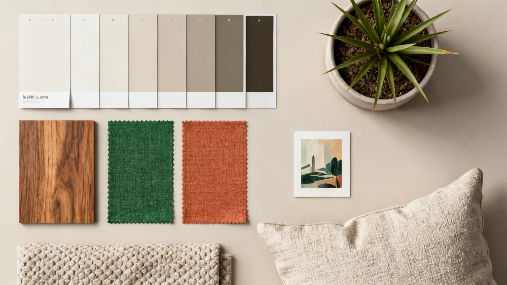 Flatlay of neutral base swatches with green and terracotta accent fabrics and wood sample.
