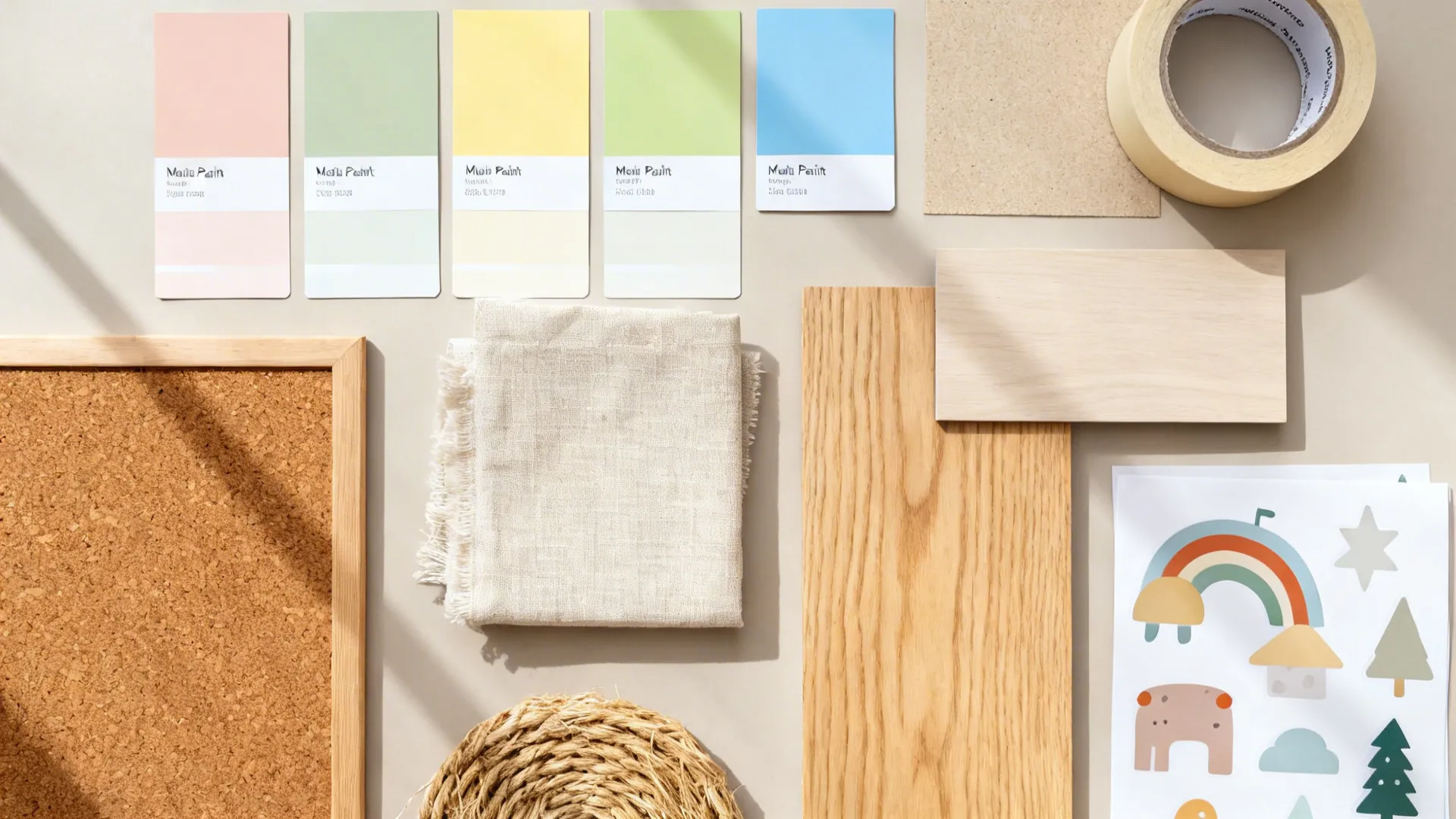Flat lay of blush, sage, butter yellow swatches with linen, cork, and oak samples for a kids room.