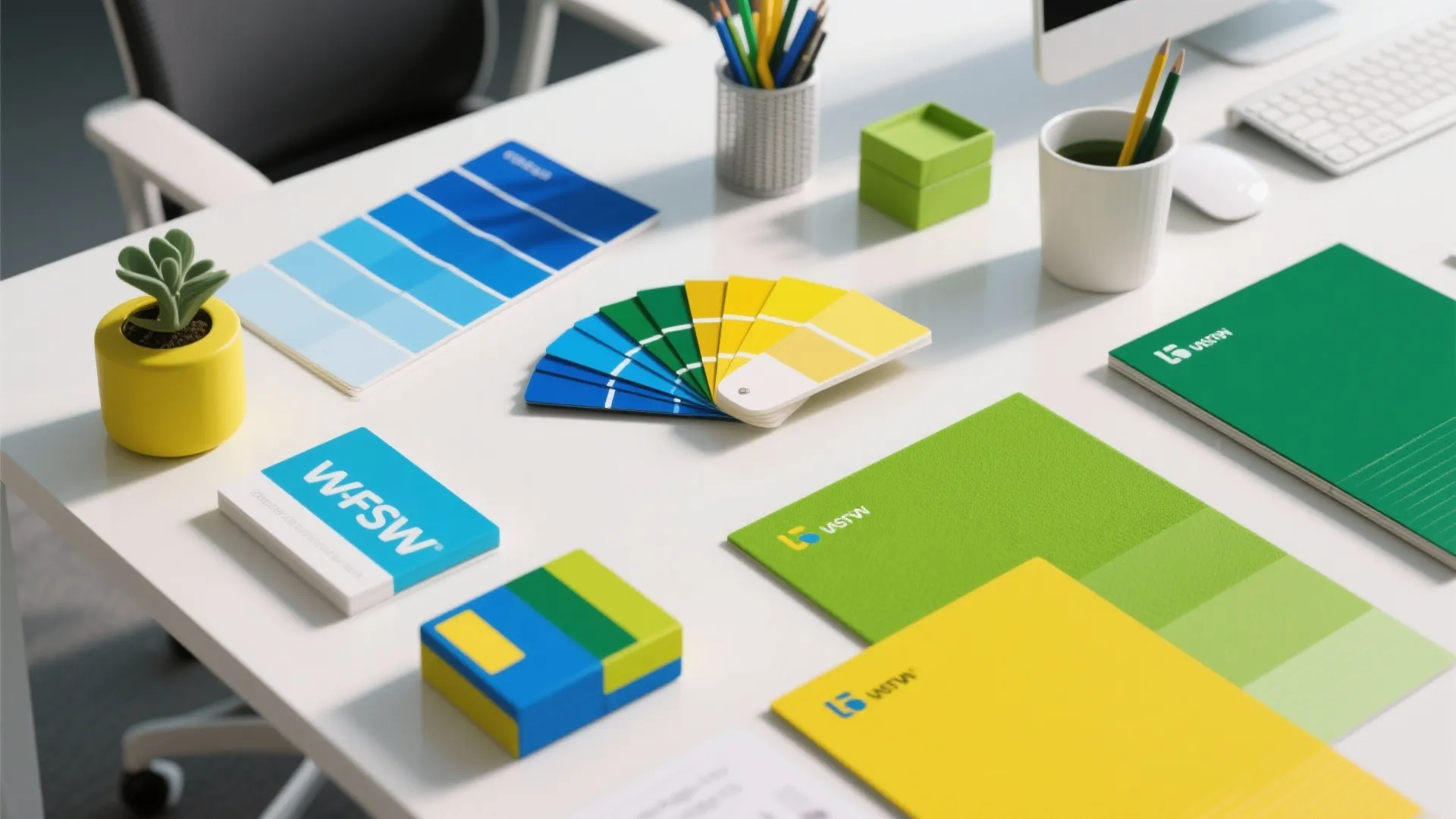 White office desk holding colorful color palettes green notebooks small potted plant and various pens