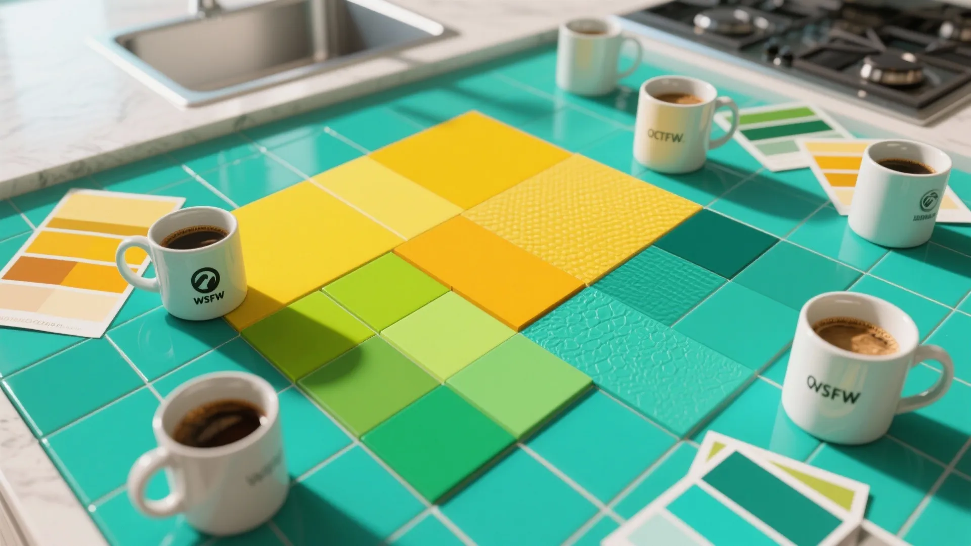 Green and yellow color tiles on a kitchen counter with coffee mugs and color samples