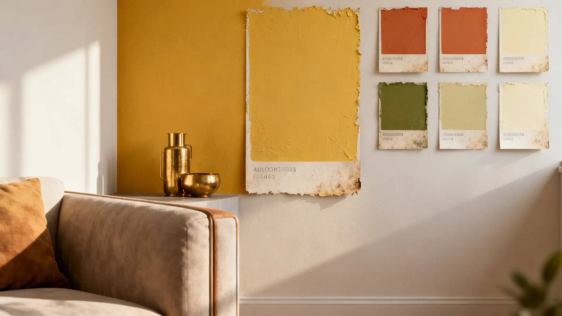 Paint swatches and a room corner with a muted ochre accent wall and brass accessories.