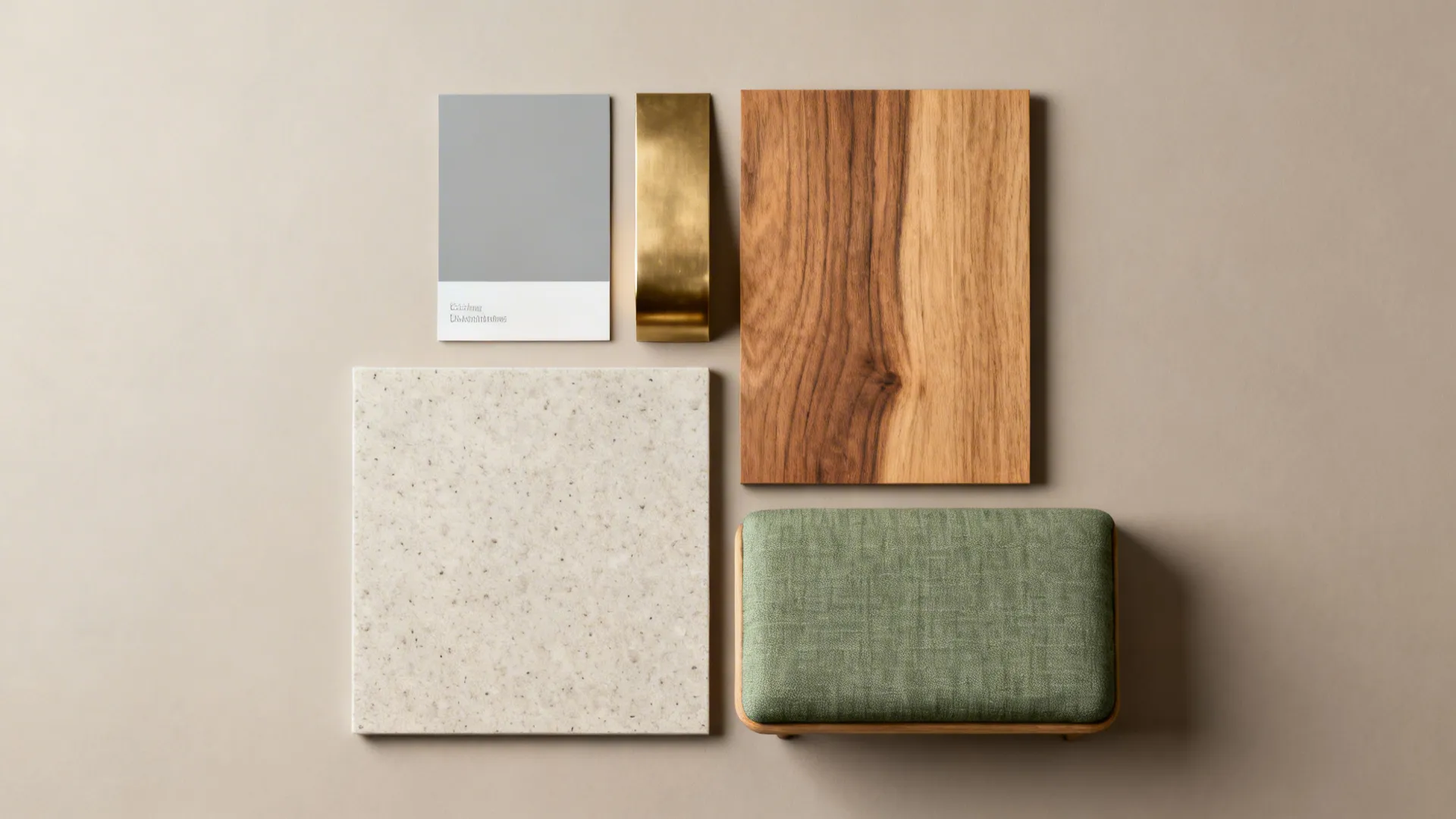 Flatlay of paint, wood, brass and fabric samples showing a cohesive base palette with contrasting accents.