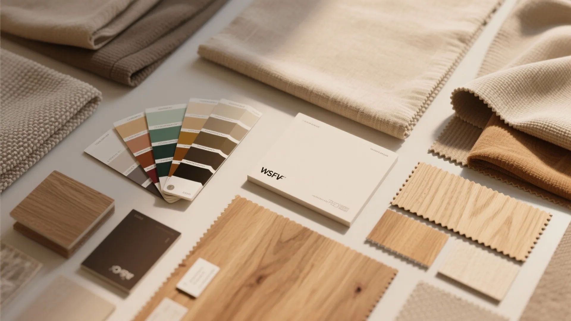 Collection of interior design material samples including fabric swatches color palette cards and wooden boards