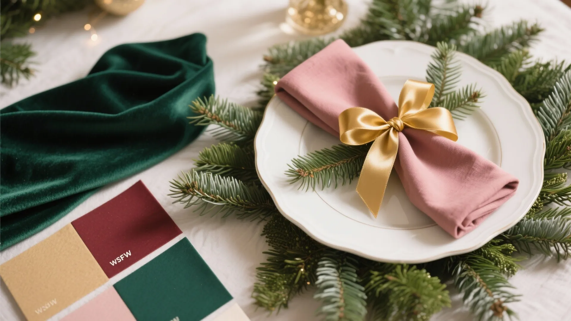 Table setting with white plate, pink napkin, gold ribbon, green branches, and colorful paper cards